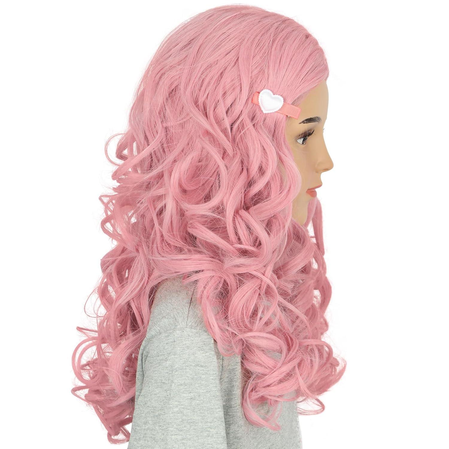 imageGirls Long Pink Wave Wig with Barrette Halloween Cosplay Party Costume Wig