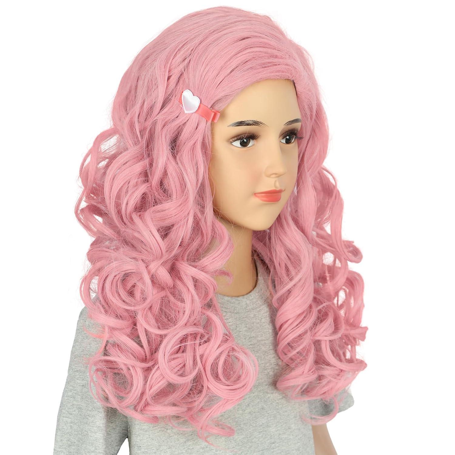 imageGirls Long Pink Wave Wig with Barrette Halloween Cosplay Party Costume Wig