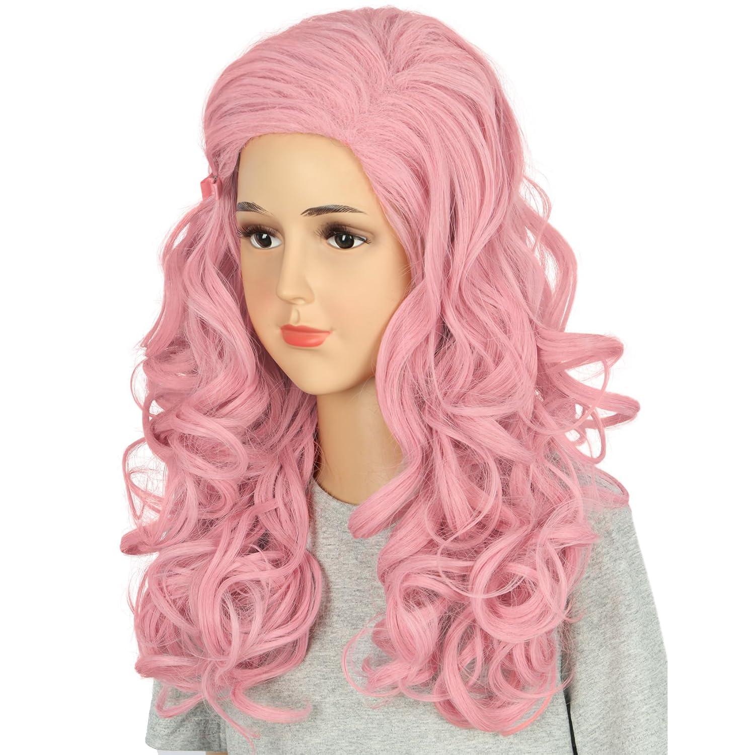 imageGirls Long Pink Wave Wig with Barrette Halloween Cosplay Party Costume Wig