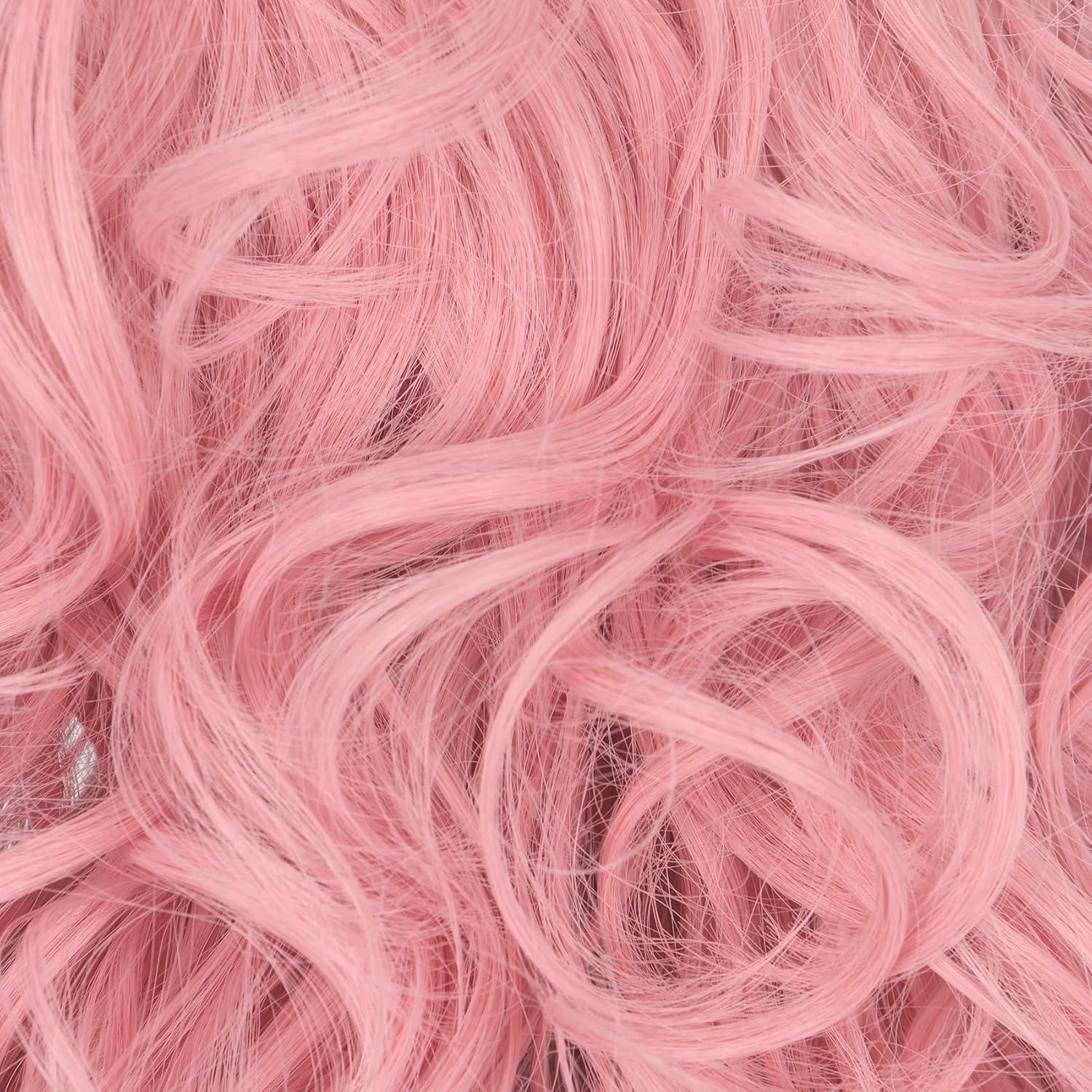 imageGirls Long Pink Wave Wig with Barrette Halloween Cosplay Party Costume Wig