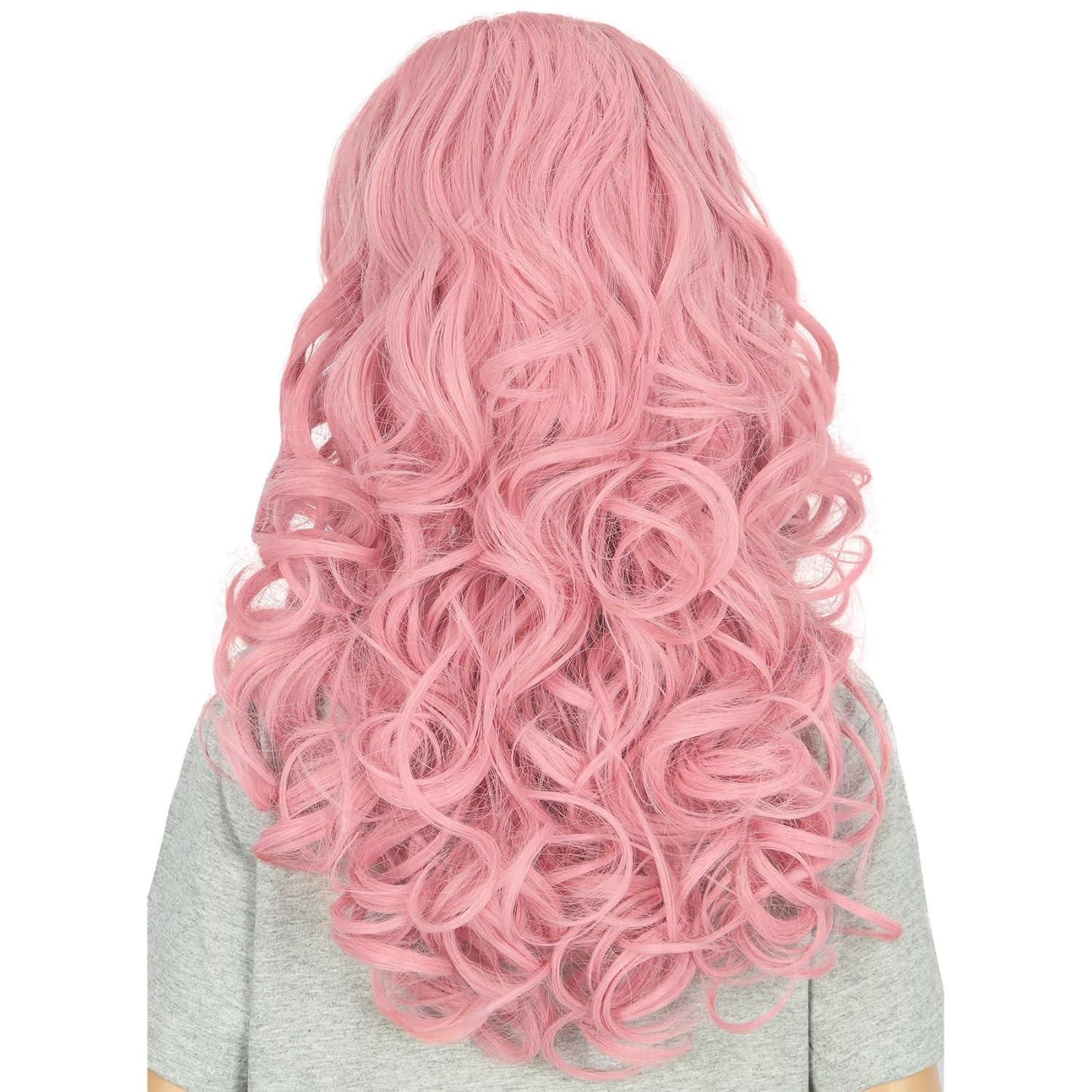 imageGirls Long Pink Wave Wig with Barrette Halloween Cosplay Party Costume Wig