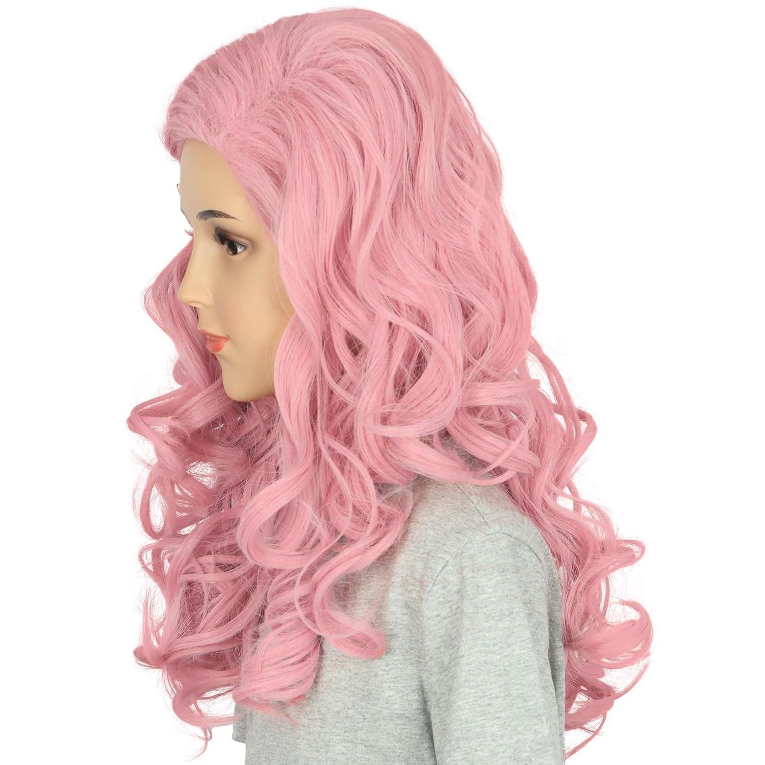 imageGirls Long Pink Wave Wig with Barrette Halloween Cosplay Party Costume Wig