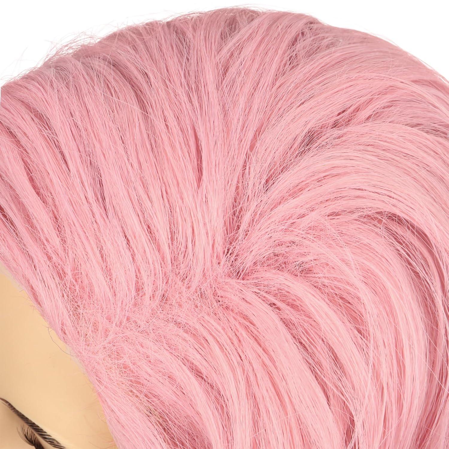 imageGirls Long Pink Wave Wig with Barrette Halloween Cosplay Party Costume Wig