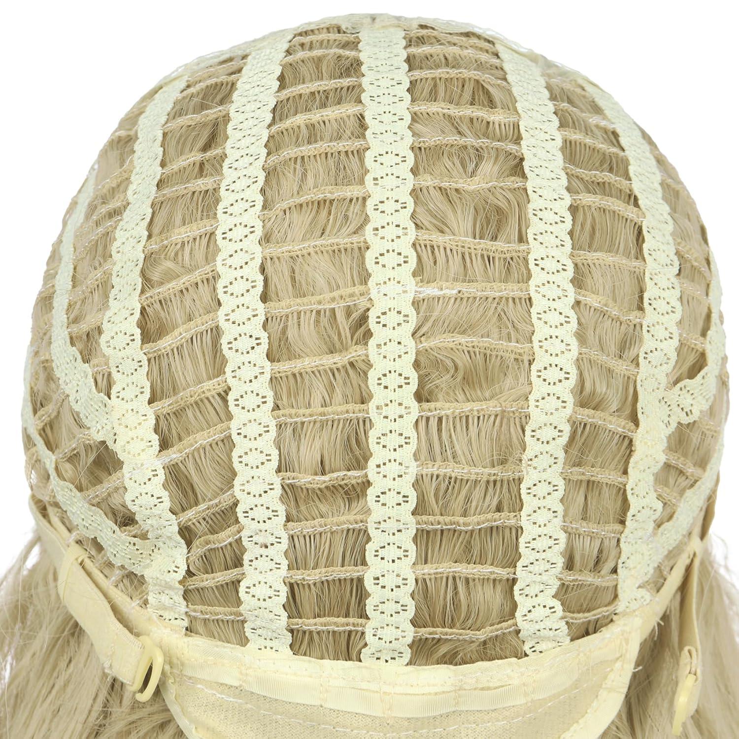 imagekarlery Adult Women Long Blonde Wavy 70s Hippie Princess Wig Heat Resistant Synthetic Fiber Soft Adjustable Size Cap Cosplay Event Costume Halloween Party WigBlonde