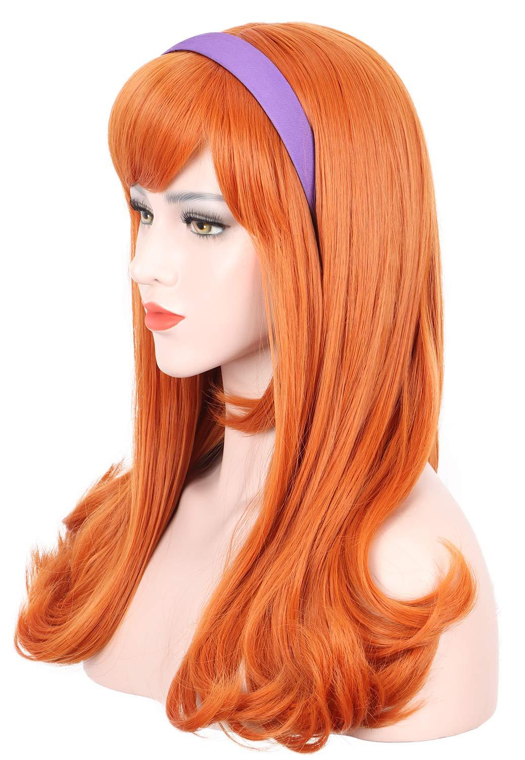 imagekarlery Adult Women Long Blonde Wavy 70s Hippie Princess Wig Heat Resistant Synthetic Fiber Soft Adjustable Size Cap Cosplay Event Costume Halloween Party WigOrange