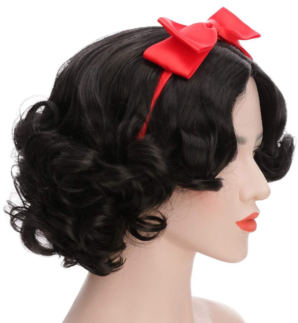 imagekarlery Adult Women Short Bob Wave Black Cosplay Wig with Red Bow Princess Halloween Costume Anime Party WigAdult