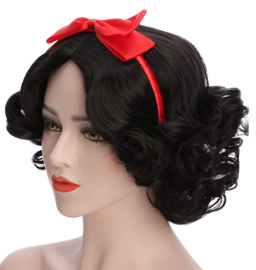 imagekarlery Adult Women Short Bob Wave Black Cosplay Wig with Red Bow Princess Halloween Costume Anime Party WigAdult