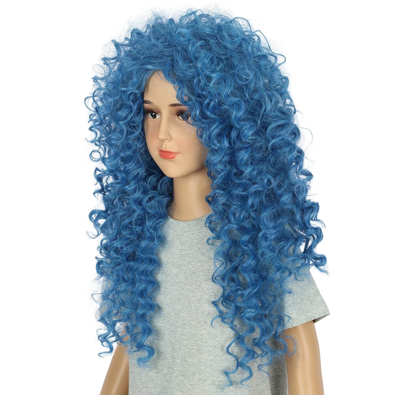 imagekarlery Girls Long Blue Curly Wig Halloween Cosplay Party Costume Wig