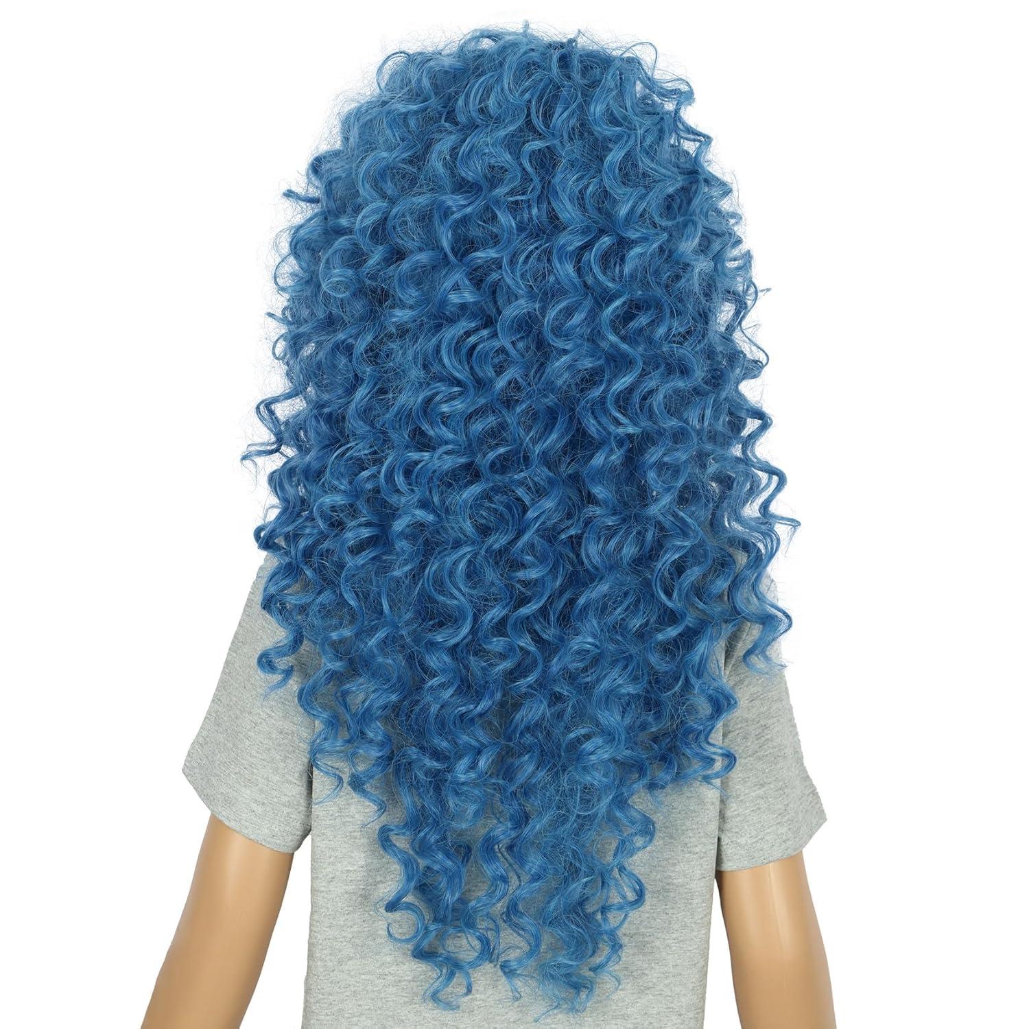 imagekarlery Girls Long Blue Curly Wig Halloween Cosplay Party Costume Wig