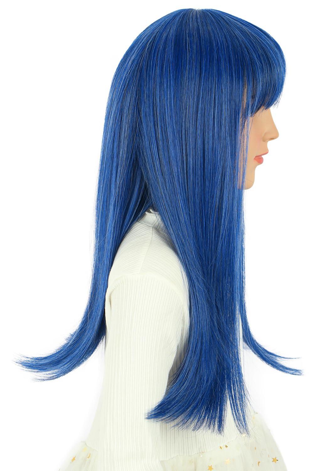imagekarlery Girls Long Straight Blue Wig with Bangs Halloween Cosplay Party Costume Wig