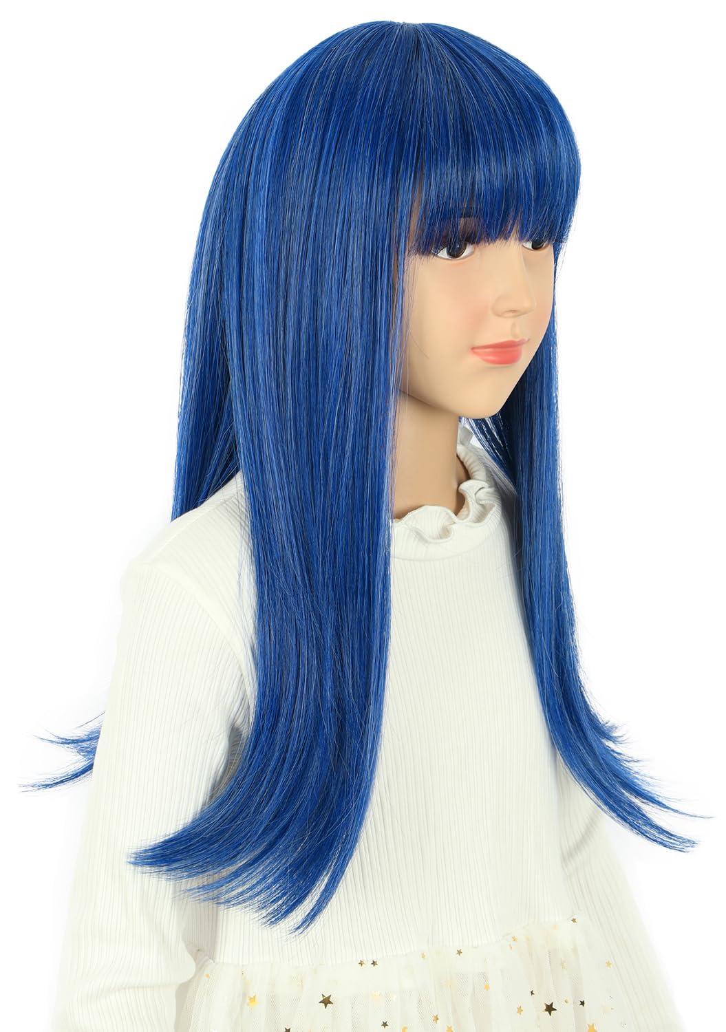 imagekarlery Girls Long Straight Blue Wig with Bangs Halloween Cosplay Party Costume Wig