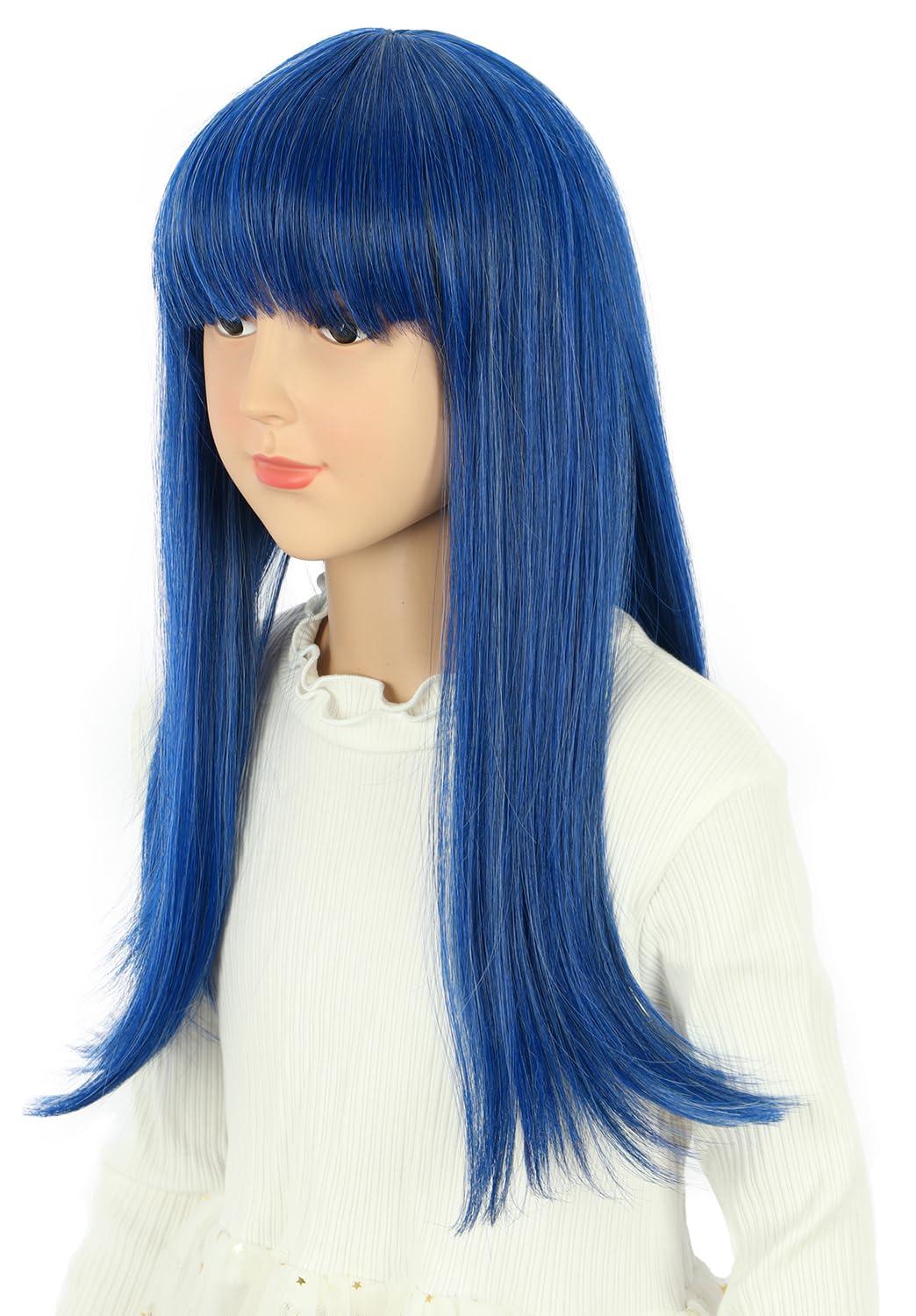 imagekarlery Girls Long Straight Blue Wig with Bangs Halloween Cosplay Party Costume Wig