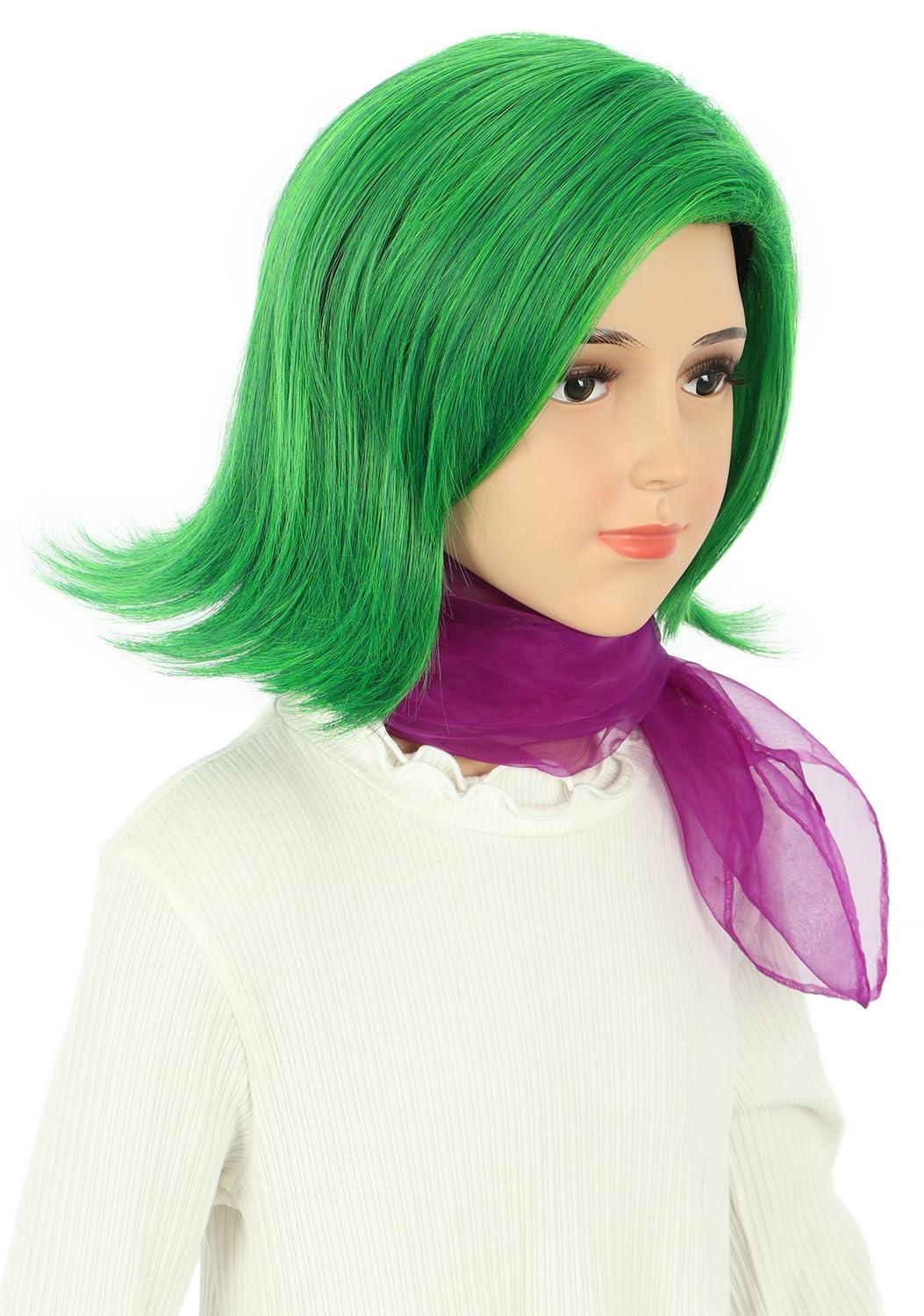 imagekarlery Girls Short Green Wavy Wig with Purple Scarf Halloween Cosplay Party Costume WigGreen Wig with Scarf