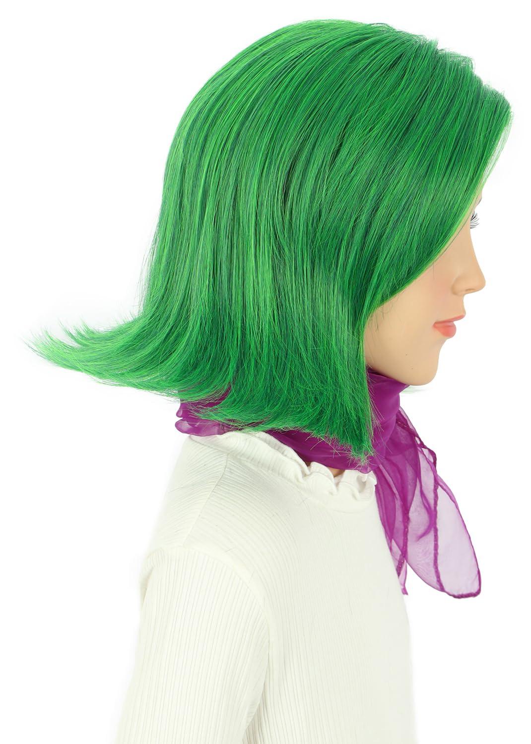 imagekarlery Girls Short Green Wavy Wig with Purple Scarf Halloween Cosplay Party Costume WigGreen Wig with Scarf