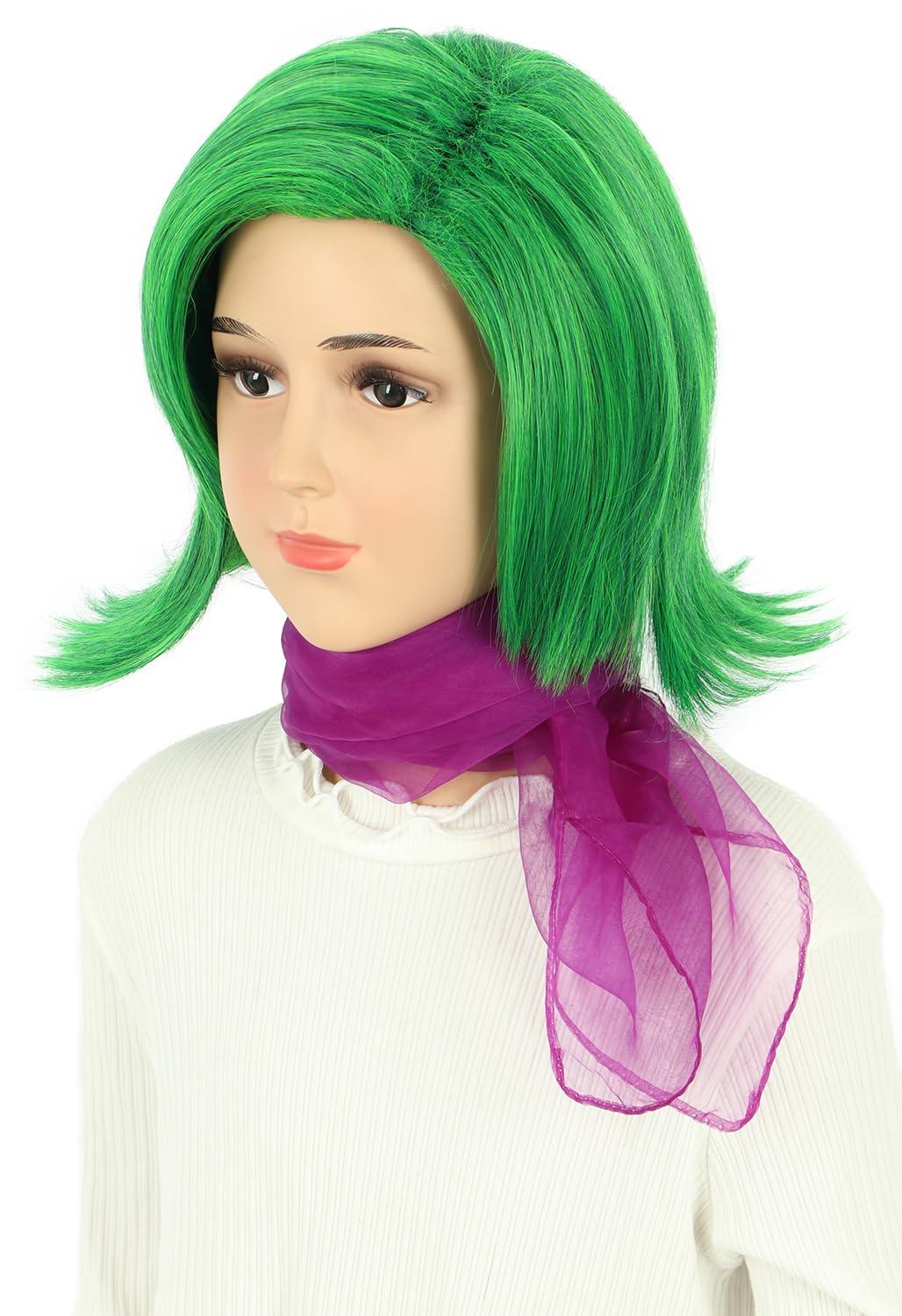 imagekarlery Girls Short Green Wavy Wig with Purple Scarf Halloween Cosplay Party Costume WigGreen Wig with Scarf