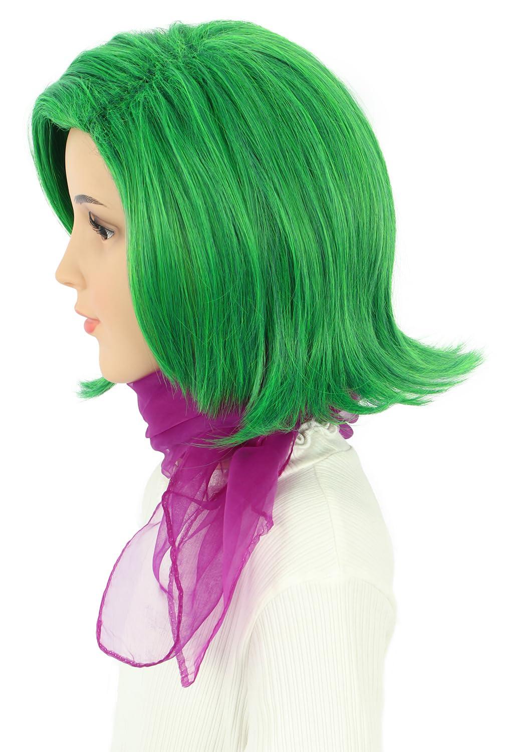 imagekarlery Girls Short Green Wavy Wig with Purple Scarf Halloween Cosplay Party Costume WigGreen Wig with Scarf