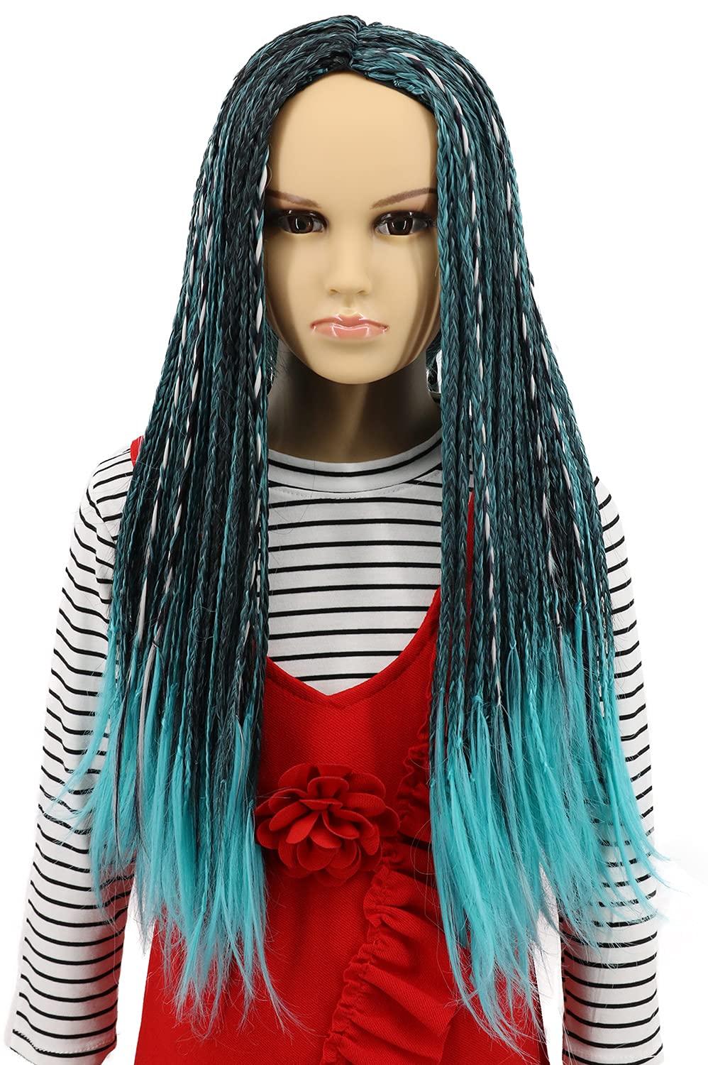 imagekarlery Kids Girls Long Braid Blue and Black Mixed Wig Anime Costume Party Wig