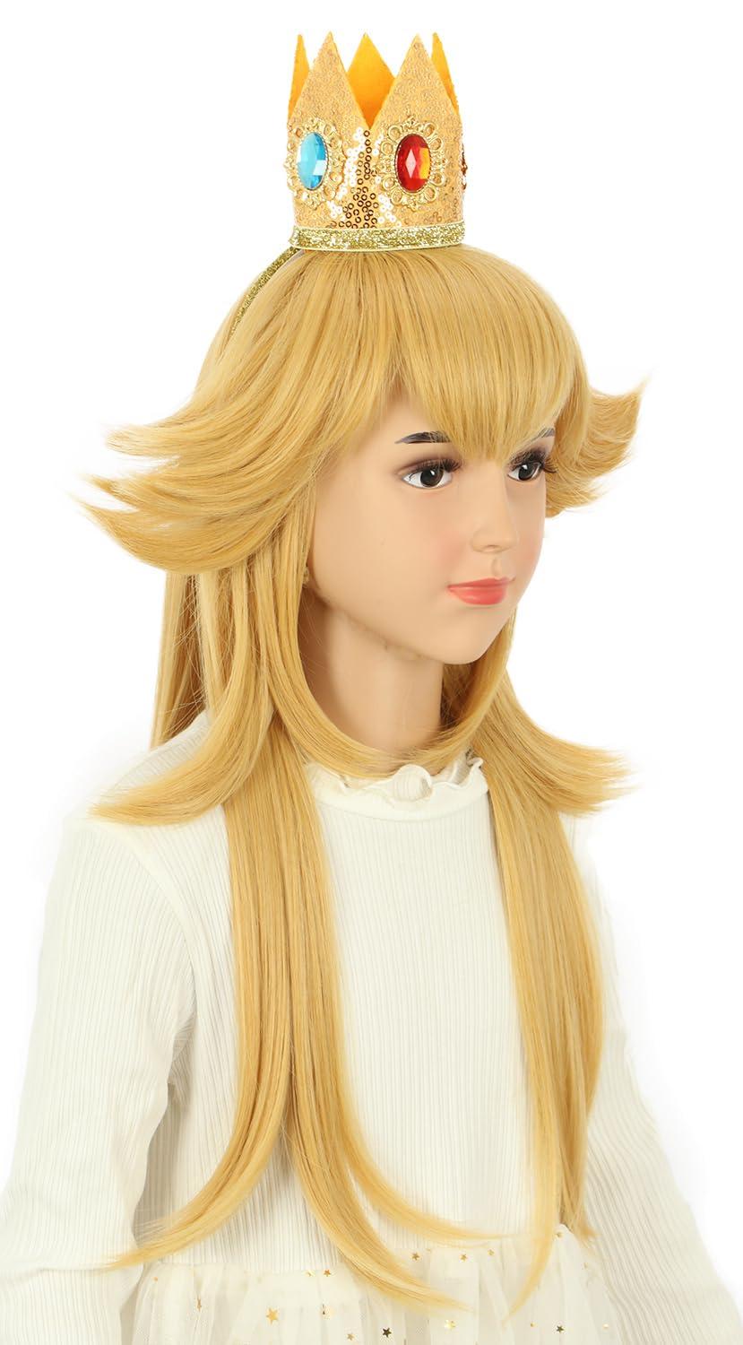 imagekarlery Kids Girls Long Golden Princess Costume Wig with Crown Halloween Cosplay Party WigGirls