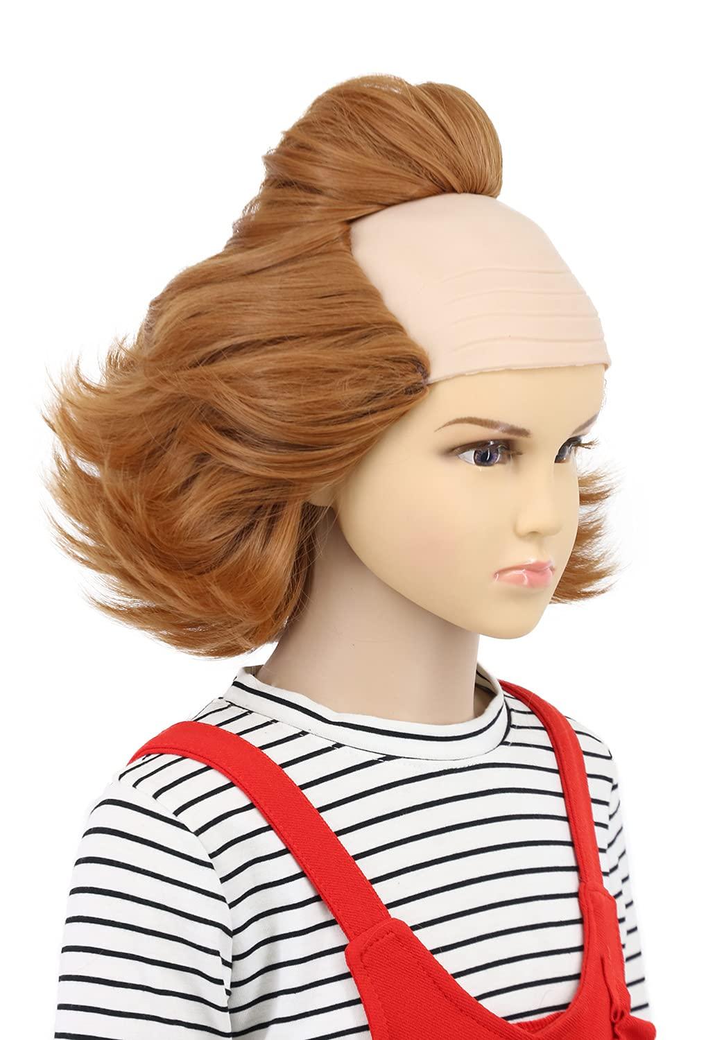 imagekarlery Kids Short Fluffy Brown Curly Bald Wig Horror Anime Cosplay Wig for Halloween Costume Anime Party