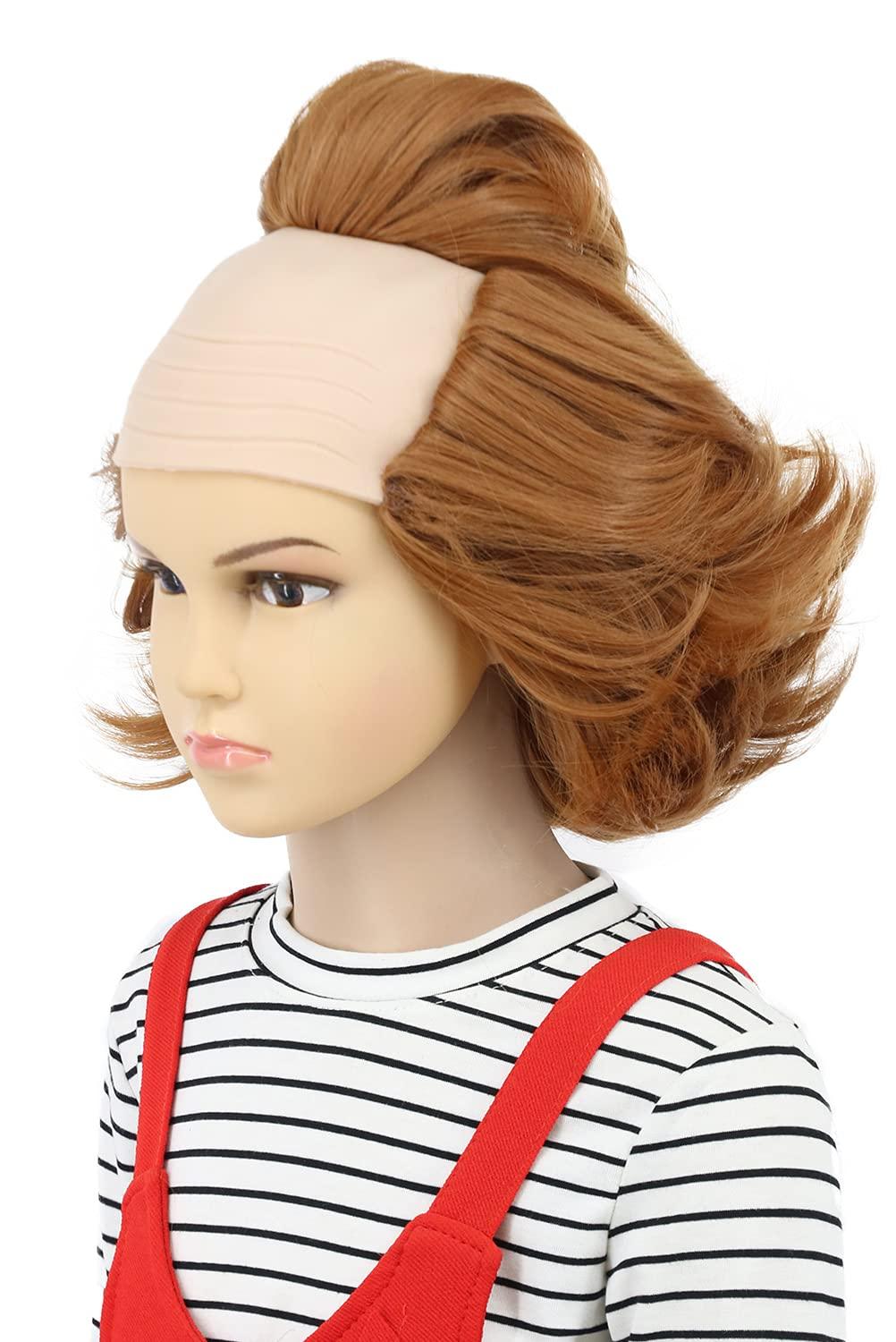 imagekarlery Kids Short Fluffy Brown Curly Bald Wig Horror Anime Cosplay Wig for Halloween Costume Anime Party