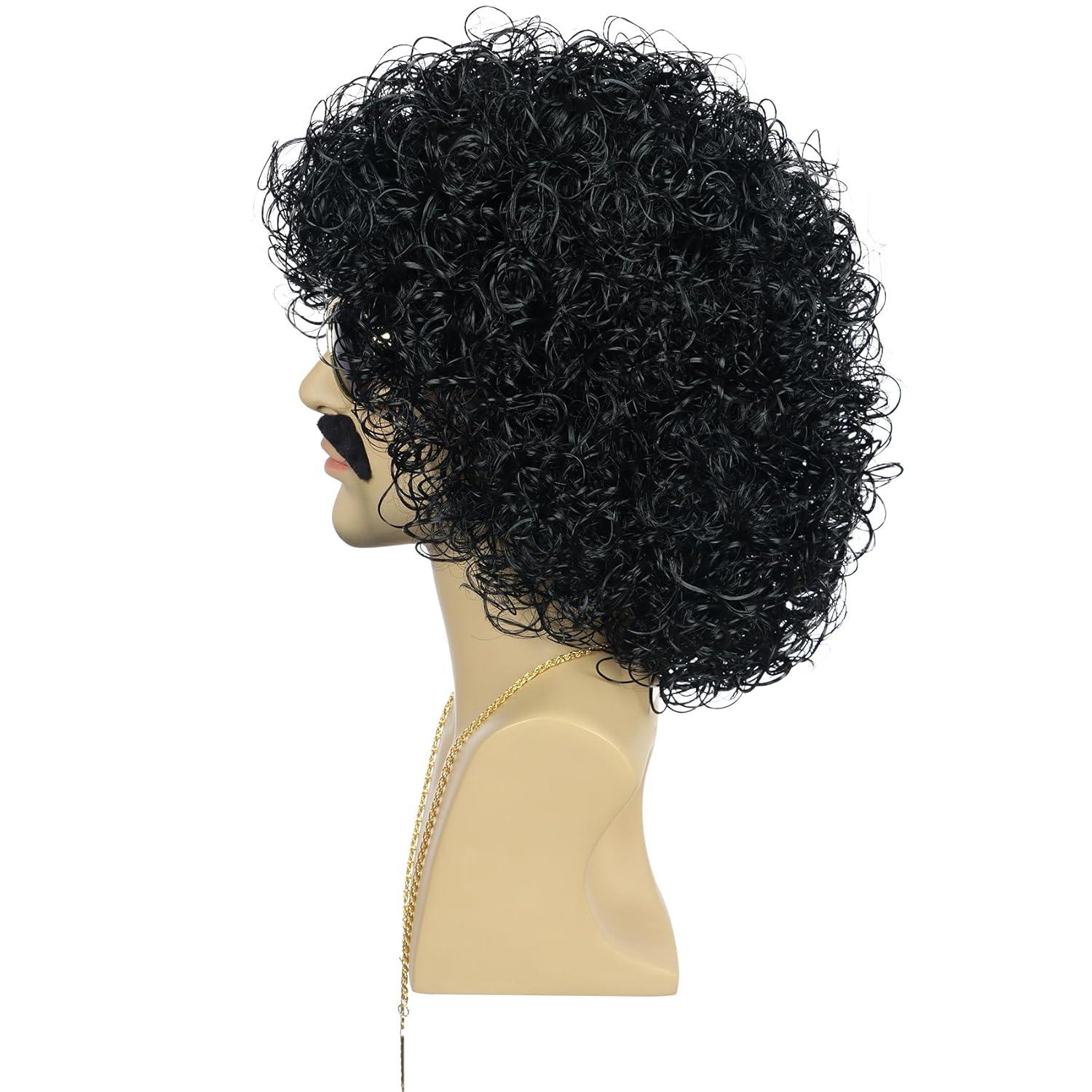 imagekarlery Men Women Rocker Short Bob Curly Brown Gold Mustache Beard Disco Wig California Halloween Cosplay Afro Wig Anime Costume Party WigBlack