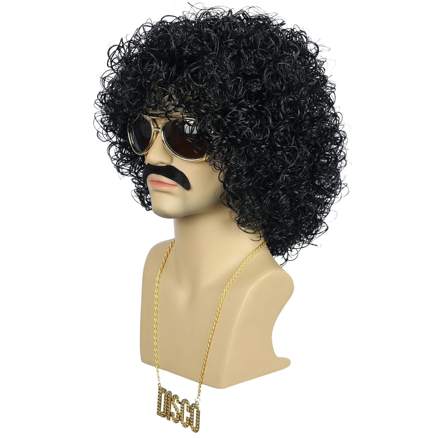 imagekarlery Men Women Rocker Short Bob Curly Brown Gold Mustache Beard Disco Wig California Halloween Cosplay Afro Wig Anime Costume Party WigBlack
