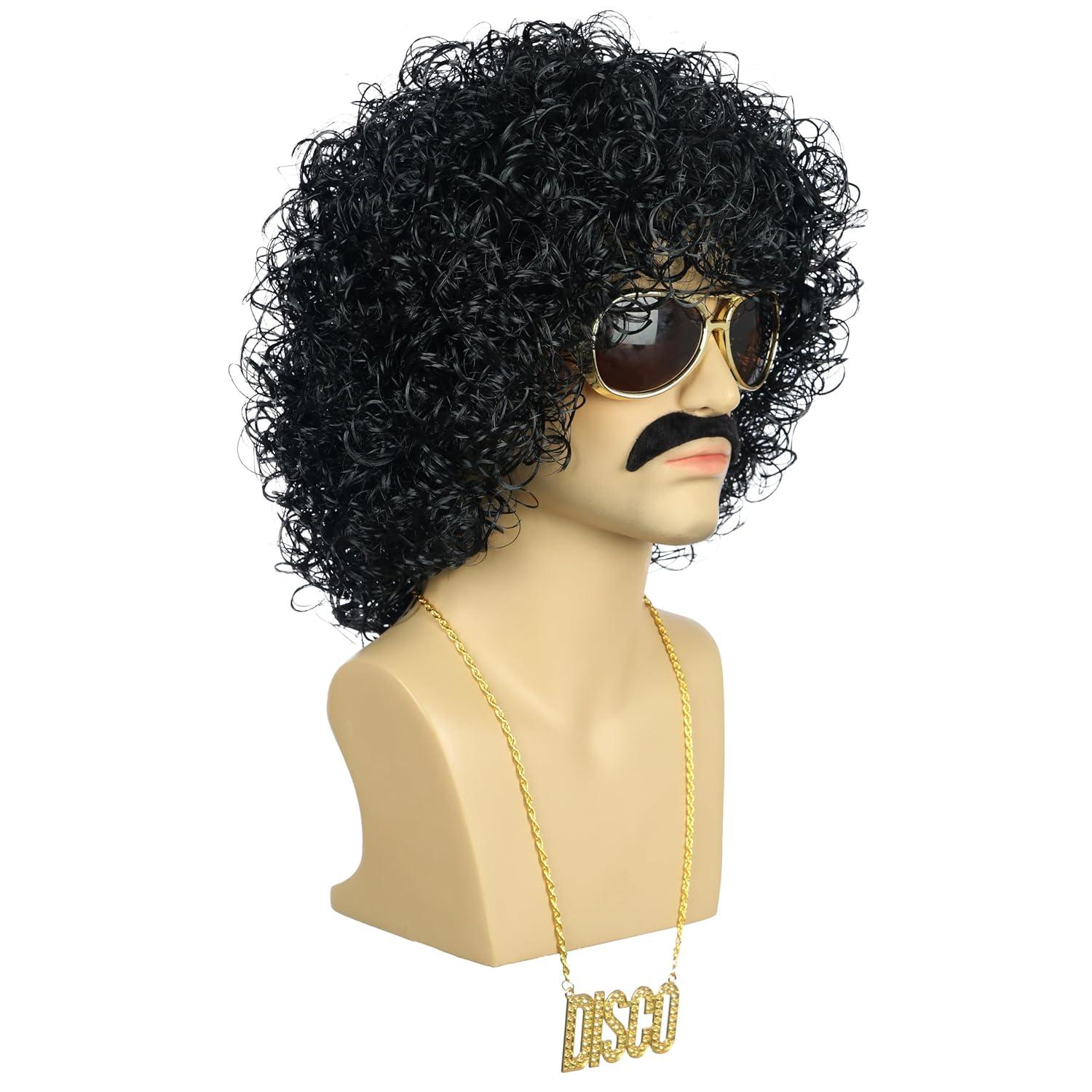 imagekarlery Men Women Rocker Short Bob Curly Brown Gold Mustache Beard Disco Wig California Halloween Cosplay Afro Wig Anime Costume Party WigBlack