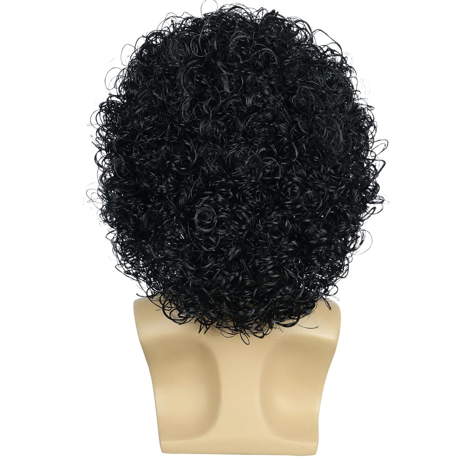 imagekarlery Men Women Rocker Short Bob Curly Brown Gold Mustache Beard Disco Wig California Halloween Cosplay Afro Wig Anime Costume Party WigBlack