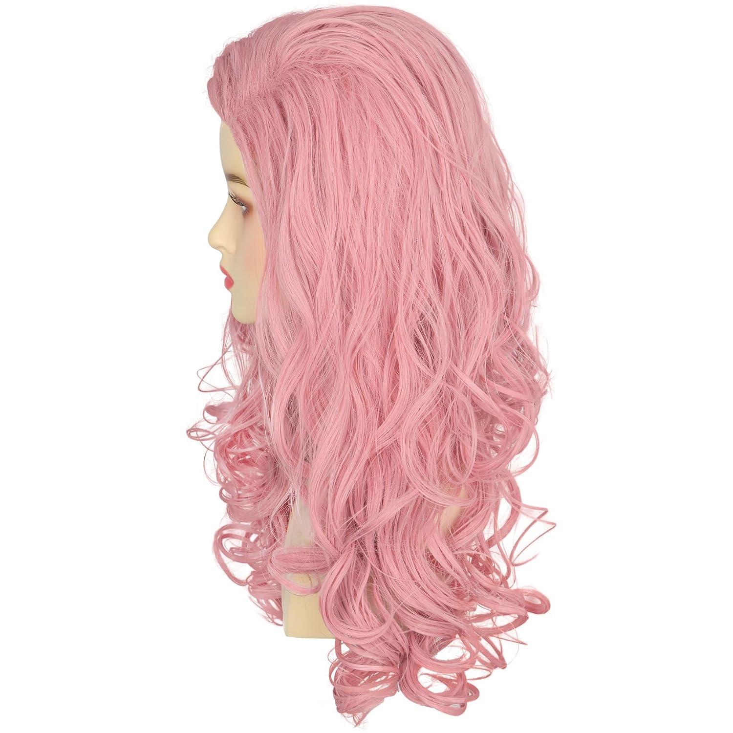 imagekarlery Women Adult Long Pink Wave Wig with Barrette Halloween Cosplay Party Costume Wig