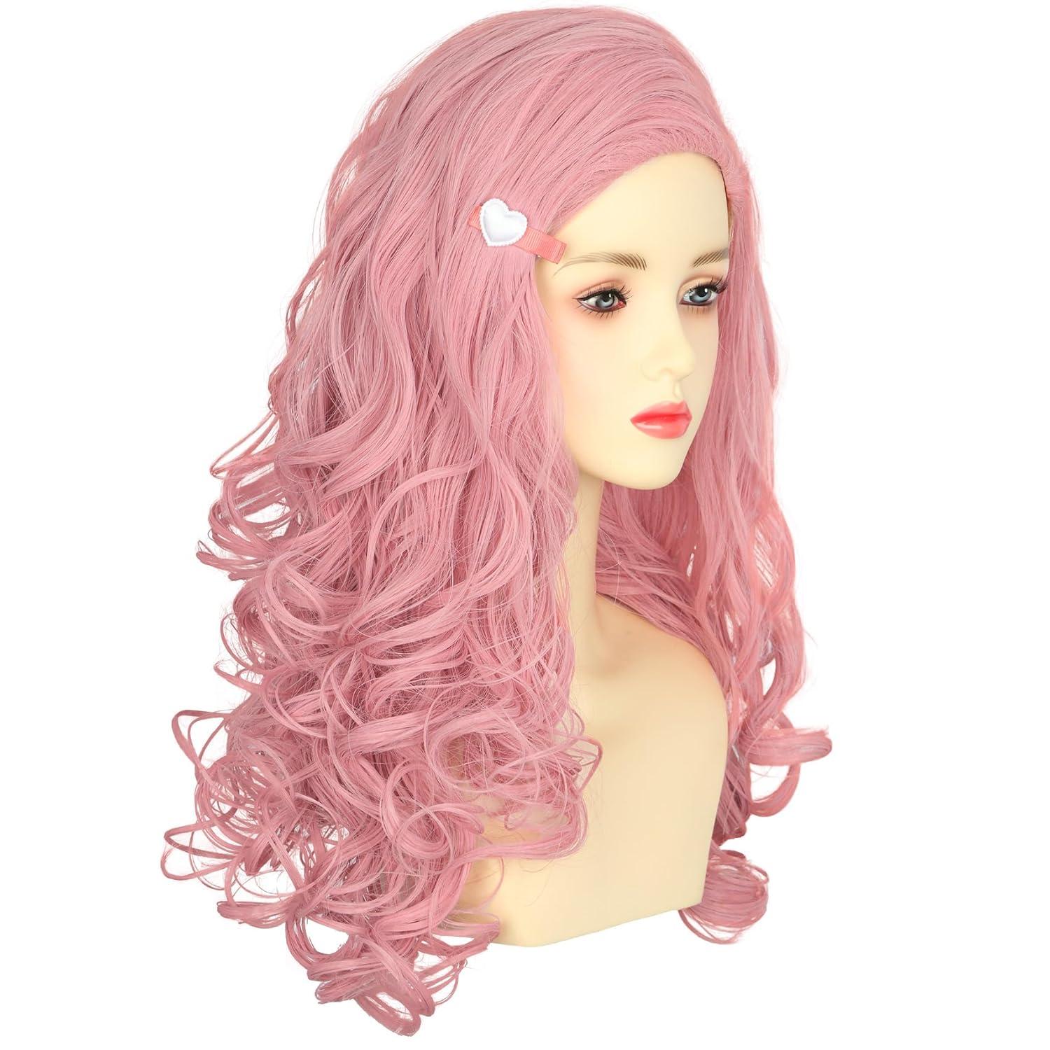 imagekarlery Women Adult Long Pink Wave Wig with Barrette Halloween Cosplay Party Costume Wig