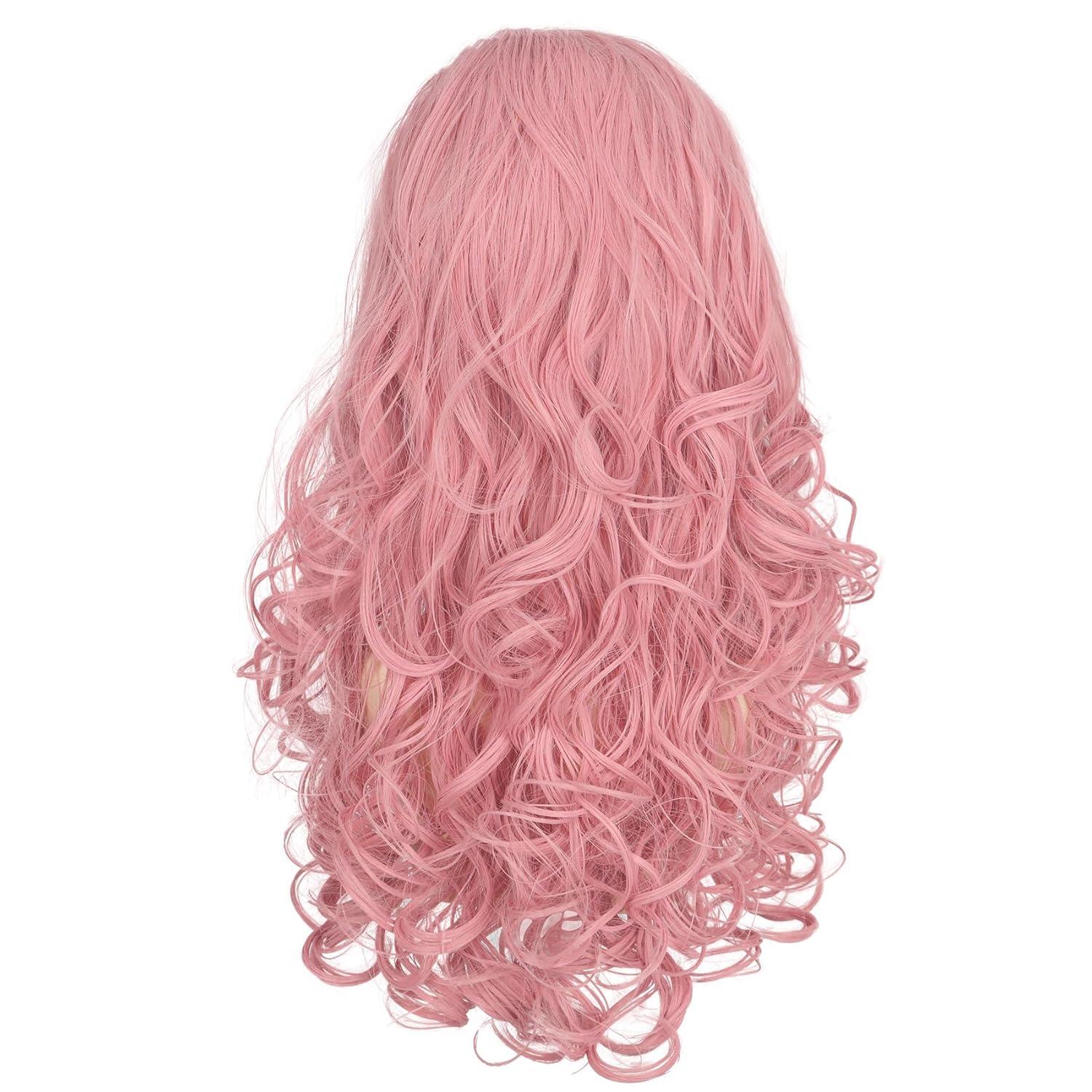 imagekarlery Women Adult Long Pink Wave Wig with Barrette Halloween Cosplay Party Costume Wig