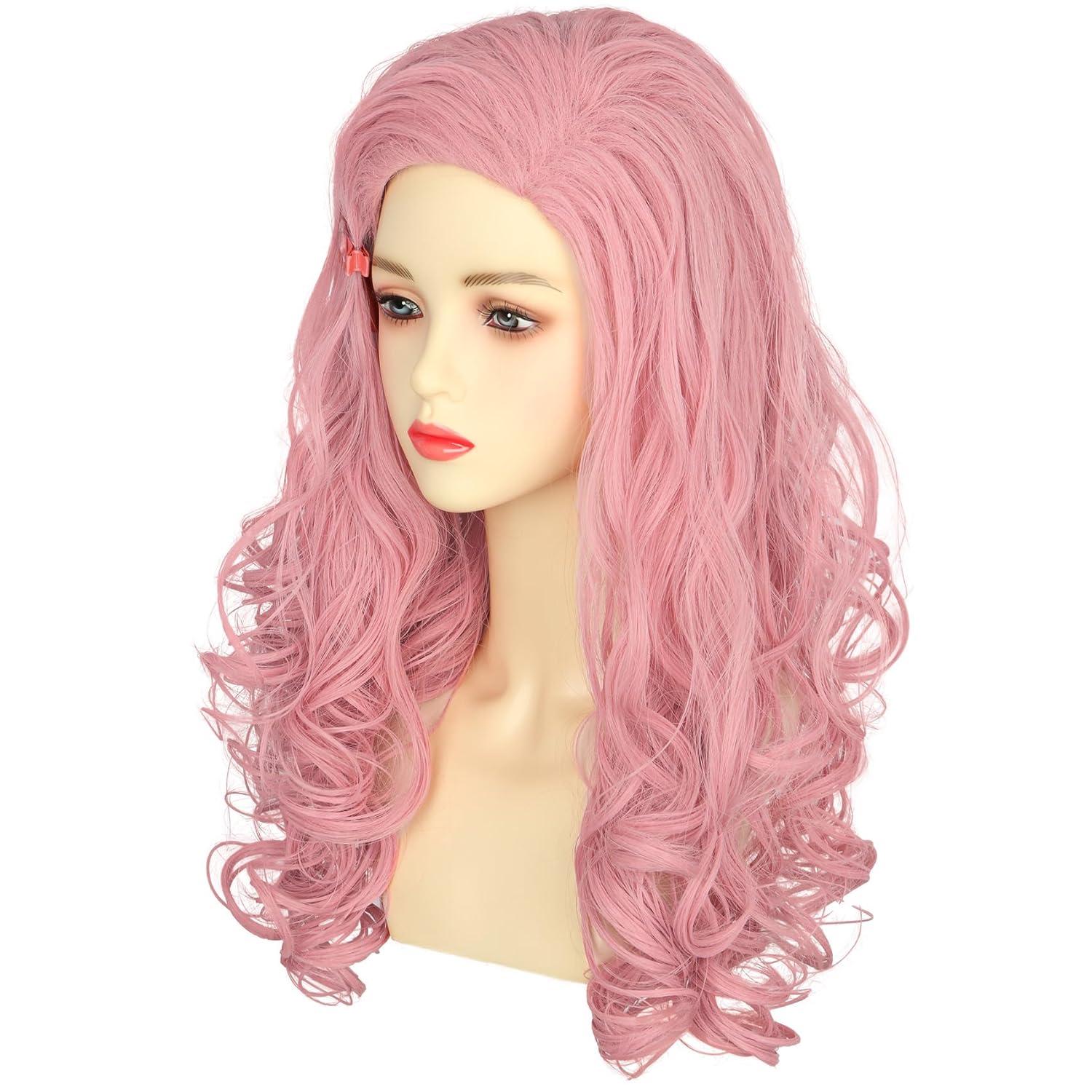 imagekarlery Women Adult Long Pink Wave Wig with Barrette Halloween Cosplay Party Costume Wig