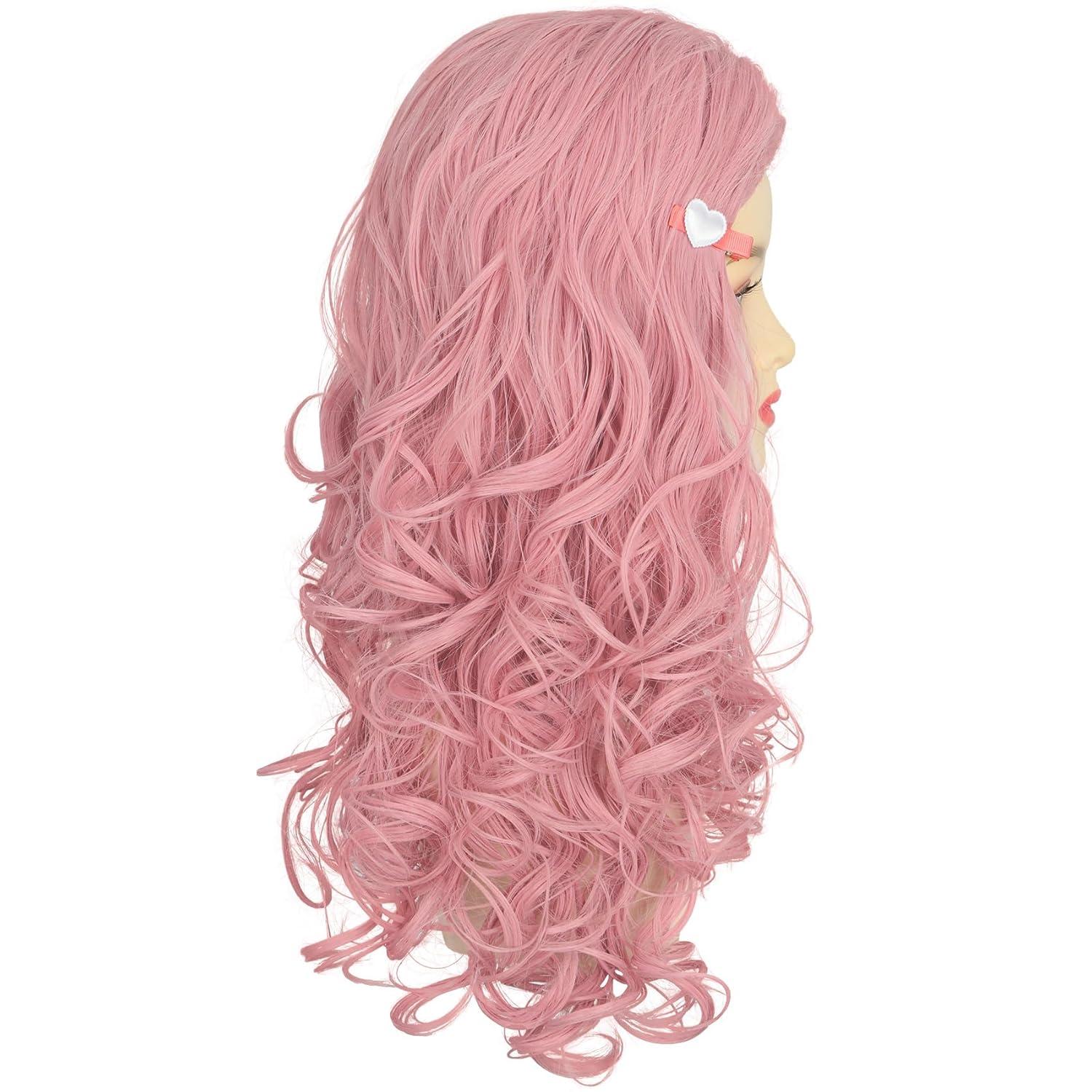 imagekarlery Women Adult Long Pink Wave Wig with Barrette Halloween Cosplay Party Costume Wig