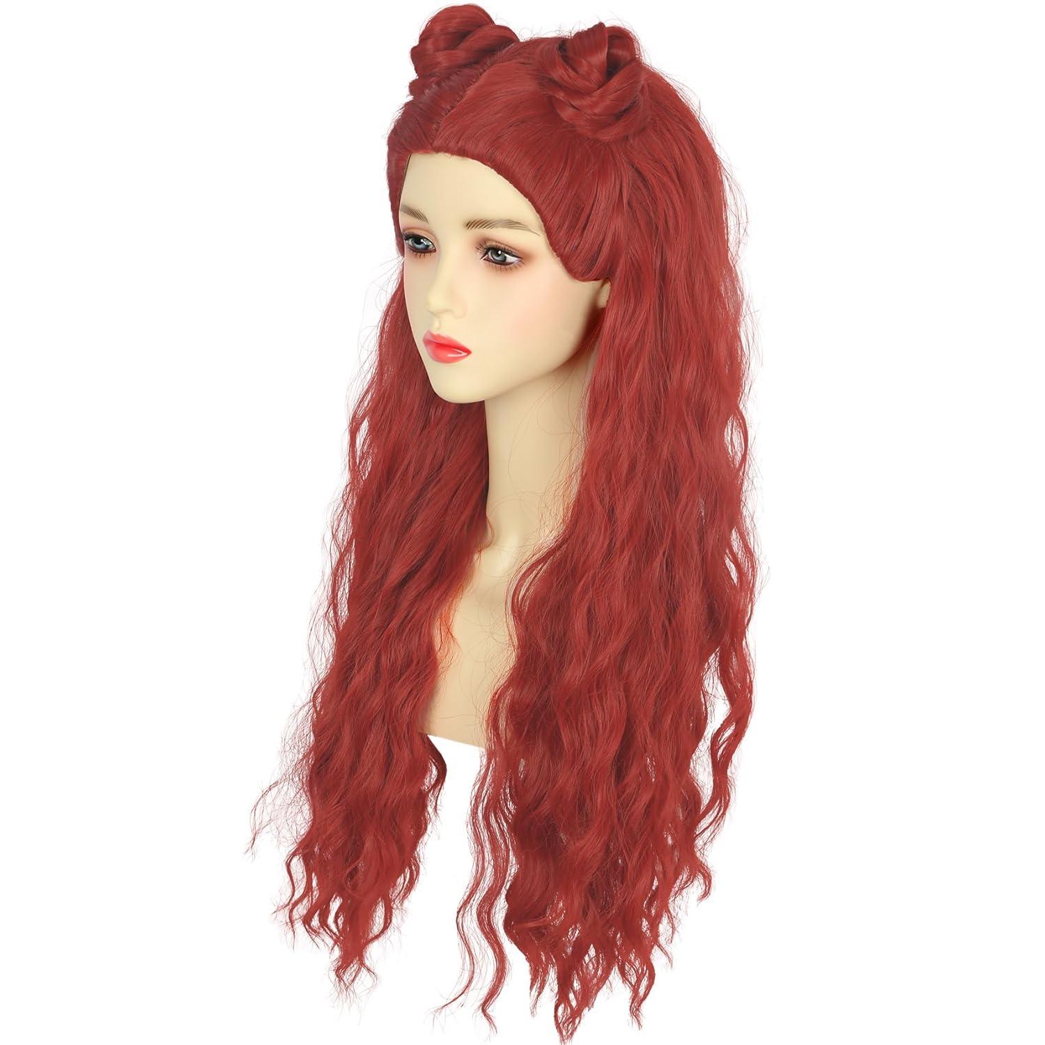 imagekarlery Women Adult Long Red Curly Wig with Buns Halloween Cosplay Party Costume Wig