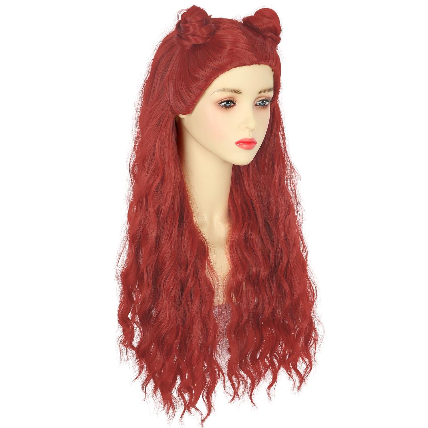 imagekarlery Women Adult Long Red Curly Wig with Buns Halloween Cosplay Party Costume Wig