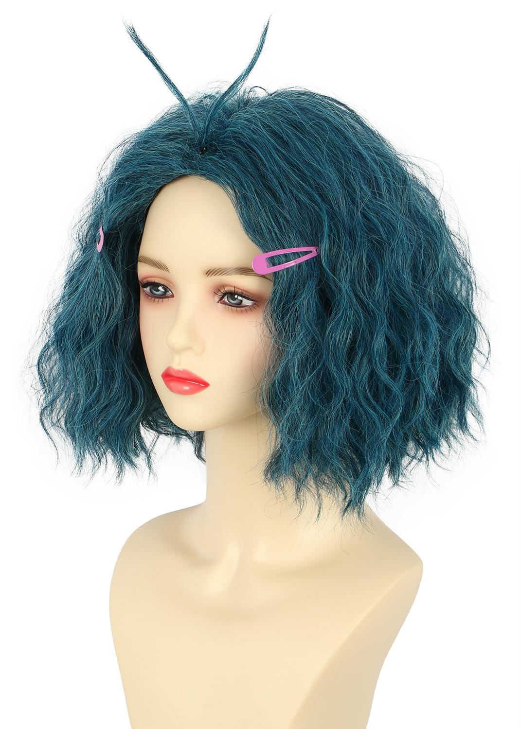 imagekarlery Women Adult Short Green and Blue Curly Wig with 2 Hairpins Halloween Cosplay Party Costume Wig