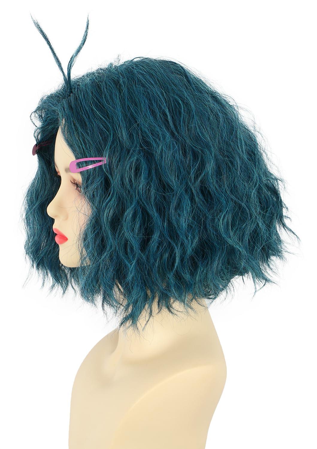 imagekarlery Women Adult Short Green and Blue Curly Wig with 2 Hairpins Halloween Cosplay Party Costume Wig