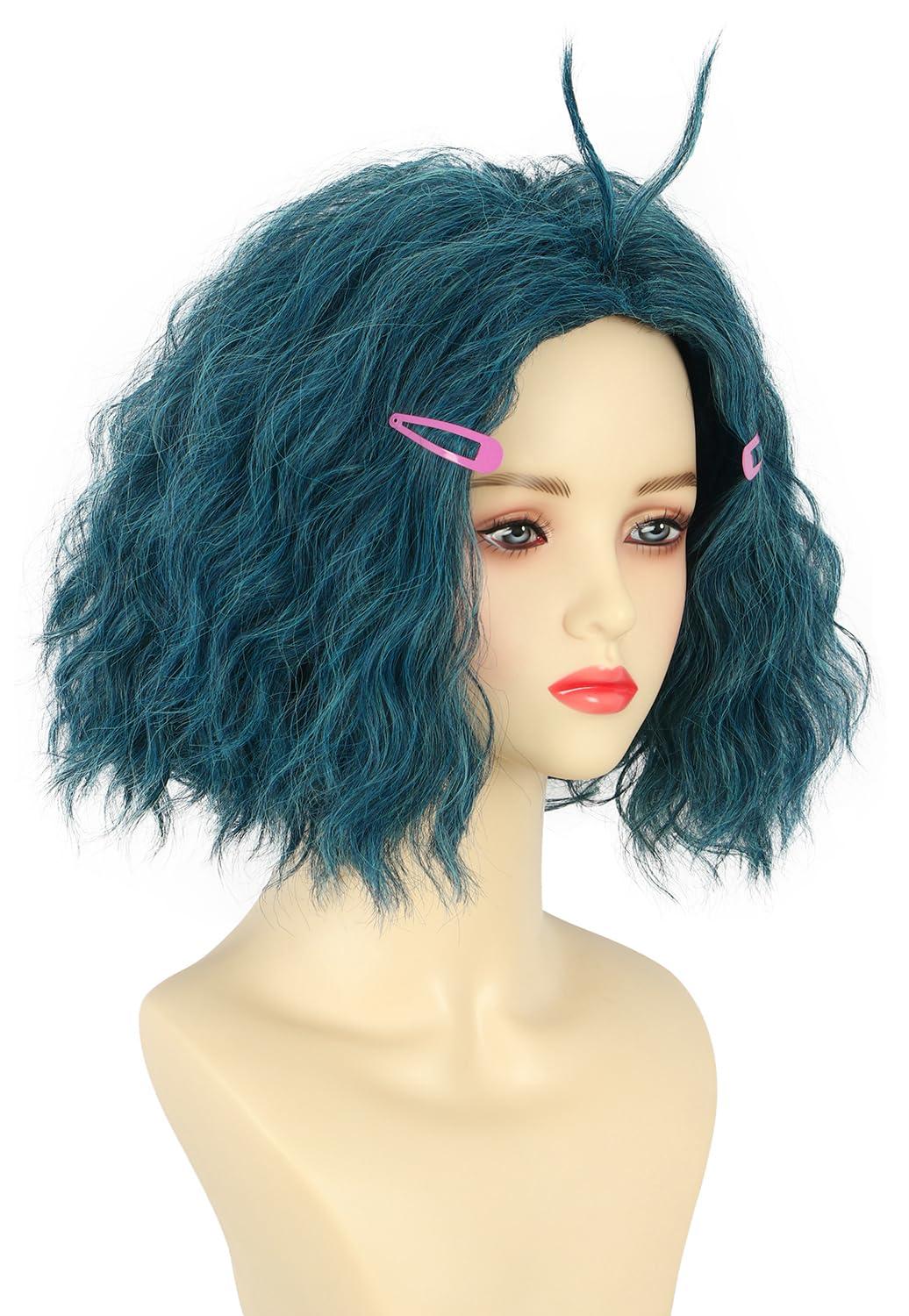 imagekarlery Women Adult Short Green and Blue Curly Wig with 2 Hairpins Halloween Cosplay Party Costume Wig