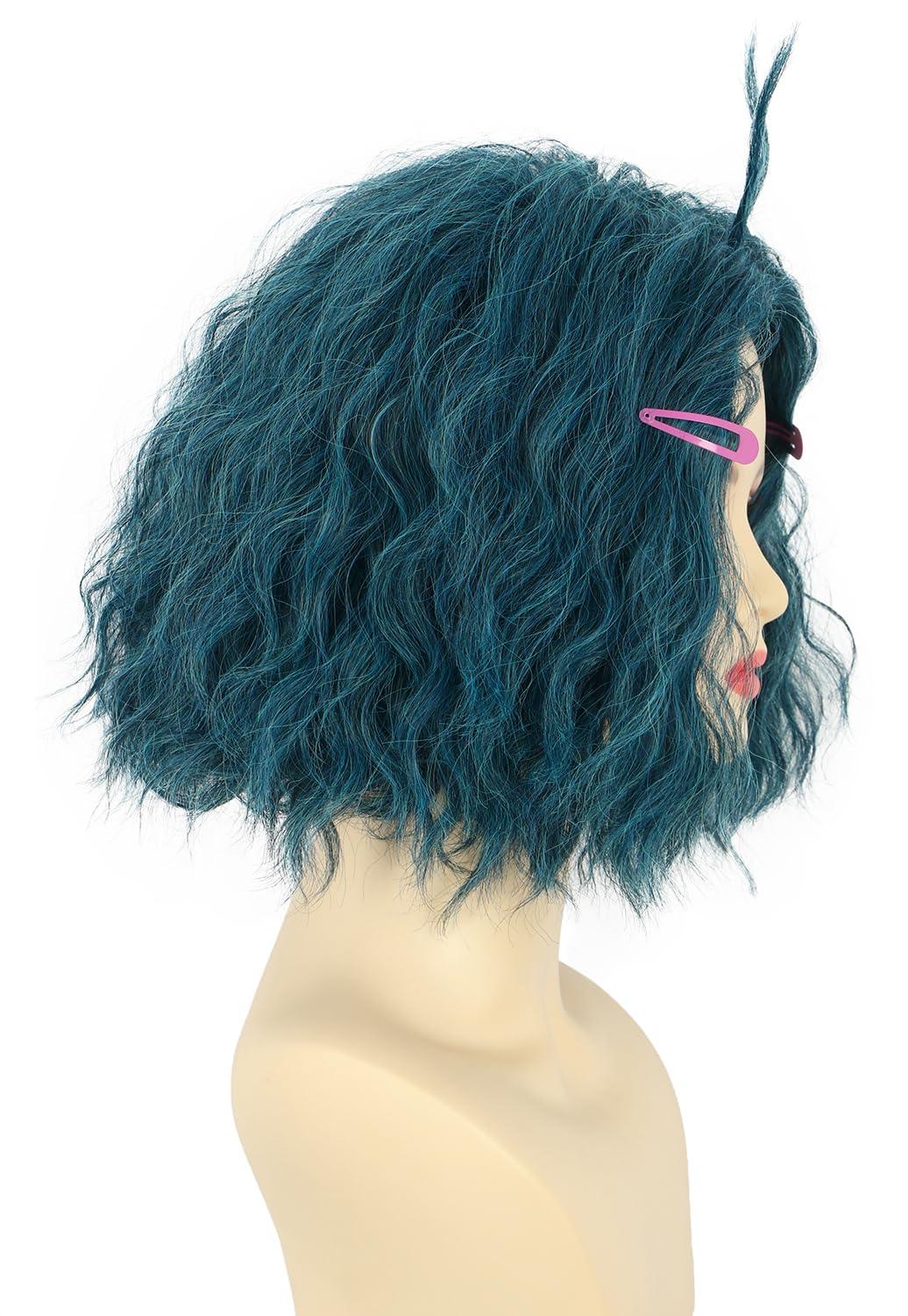 imagekarlery Women Adult Short Green and Blue Curly Wig with 2 Hairpins Halloween Cosplay Party Costume Wig