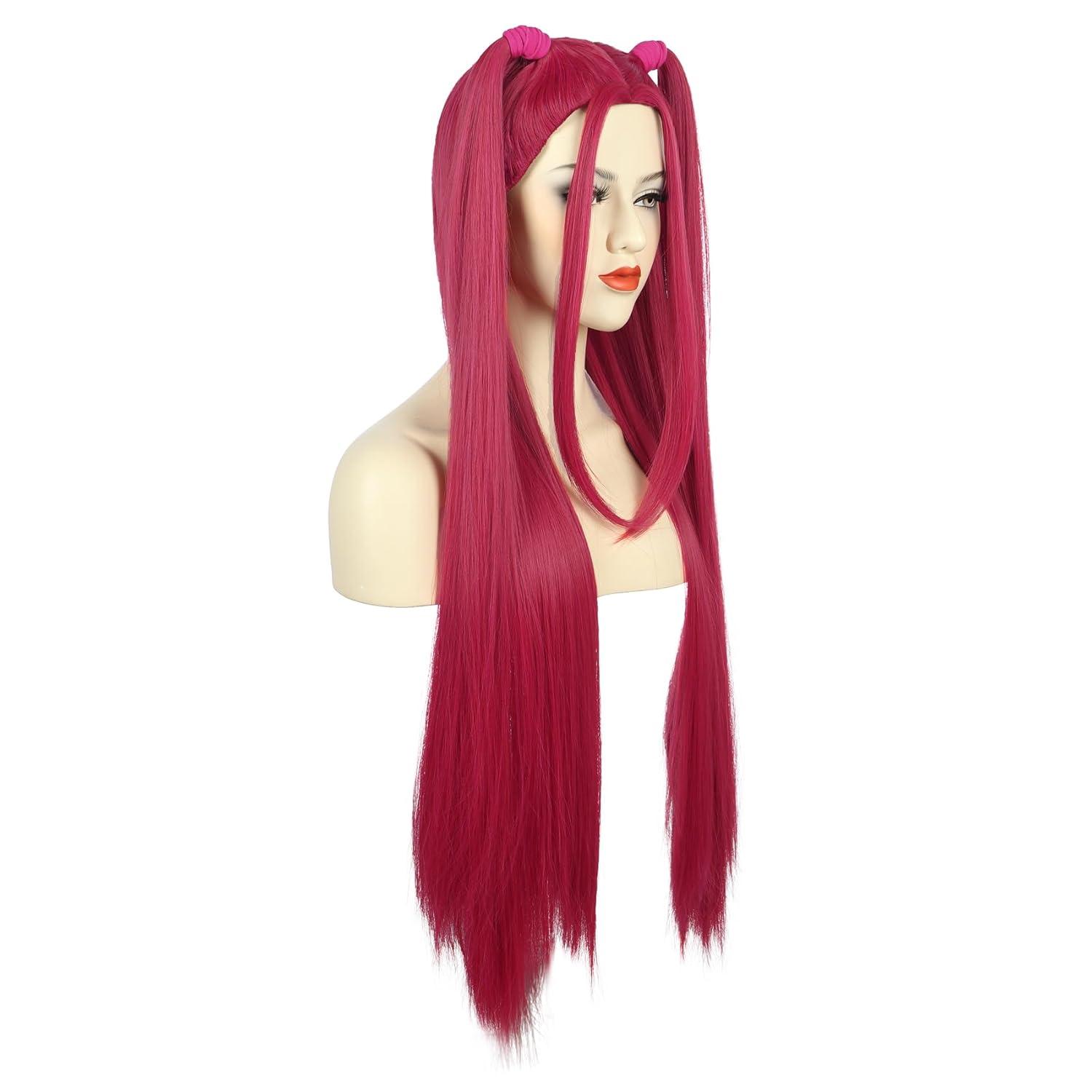 imagekarlery Women Long Straight Hot Pink Wig with 2 Ponytails Cartoon Anime Movie Cosplay Adult Wig Heat Resistant Synthetic Fiber Brethable Adjustable Size for Halloween Costume PartyHot Pink