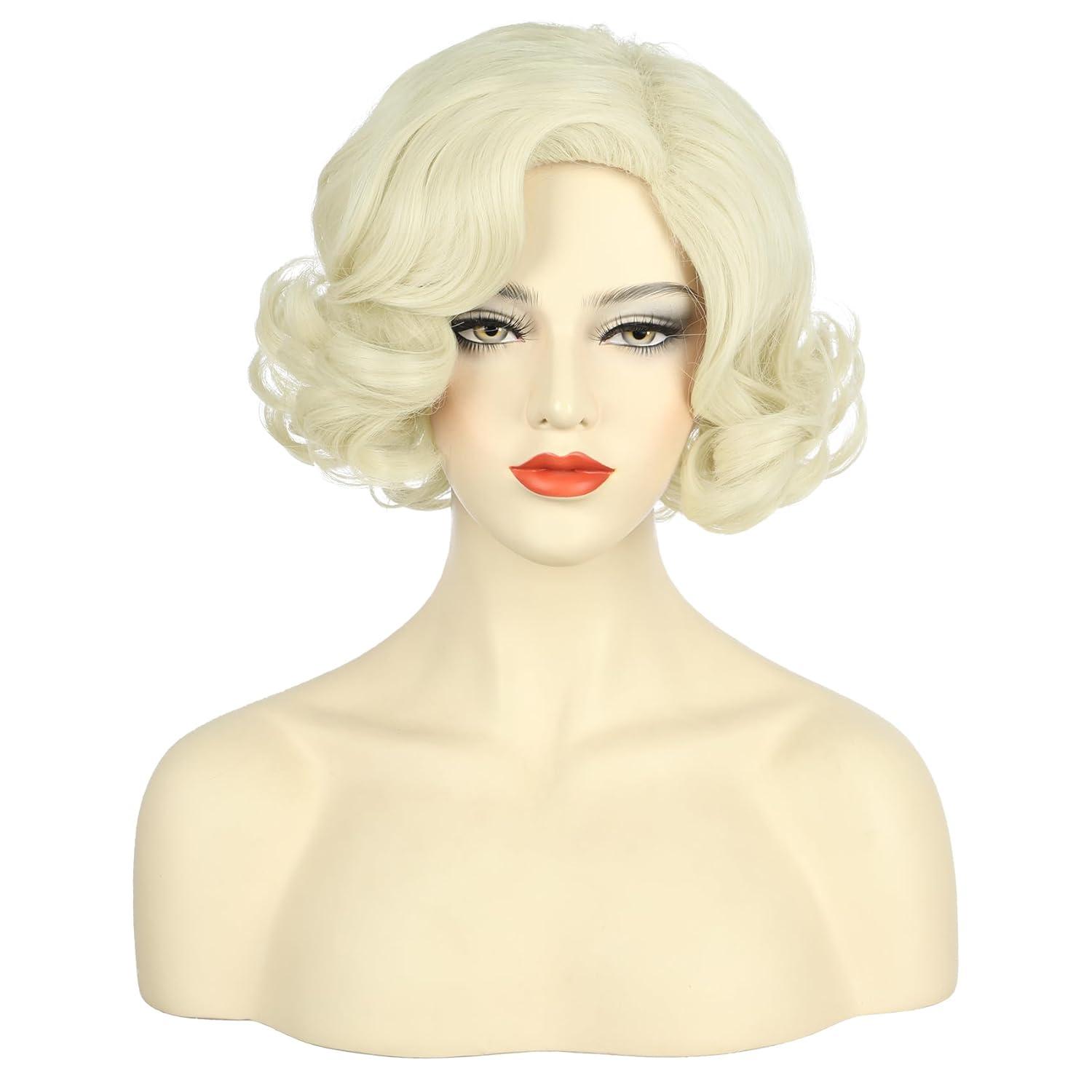 imagekarlery Women Short Wavy Platinum Blonde Wig 1920s Classic Vintage Flapper Wig Heat Resistant Synthetic Fiber Breathable Adjustable Size for Cosplay Event Costume Halloween Party
