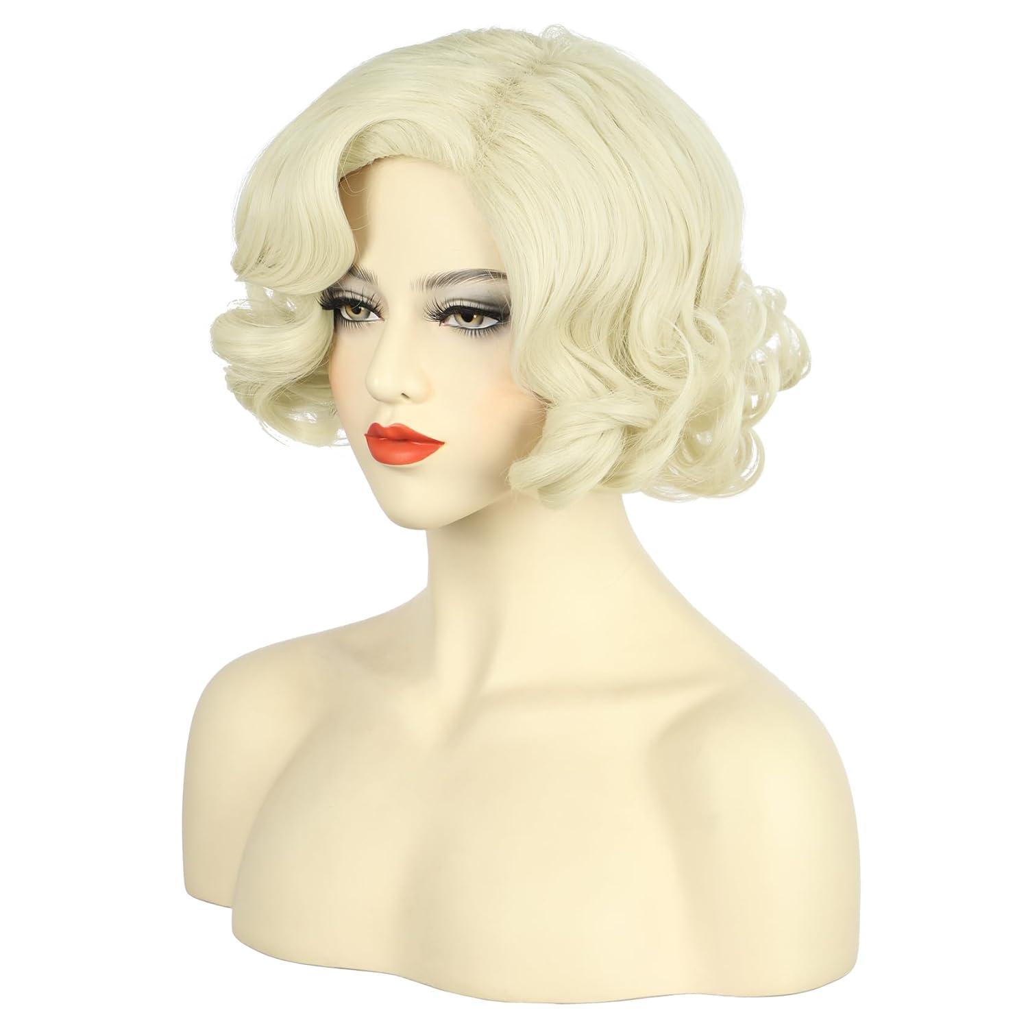 imagekarlery Women Short Wavy Platinum Blonde Wig 1920s Classic Vintage Flapper Wig Heat Resistant Synthetic Fiber Breathable Adjustable Size for Cosplay Event Costume Halloween Party