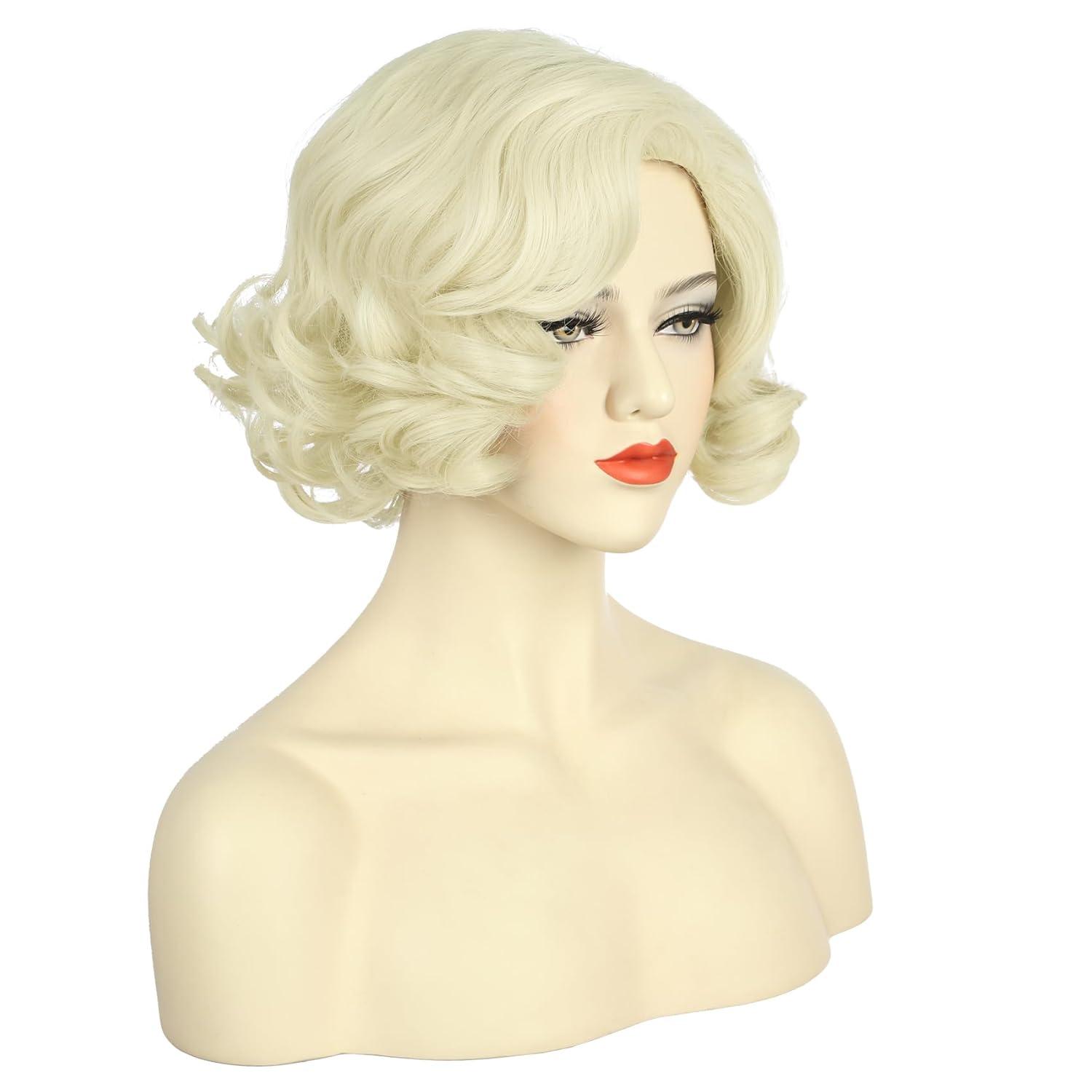 imagekarlery Women Short Wavy Platinum Blonde Wig 1920s Classic Vintage Flapper Wig Heat Resistant Synthetic Fiber Breathable Adjustable Size for Cosplay Event Costume Halloween Party