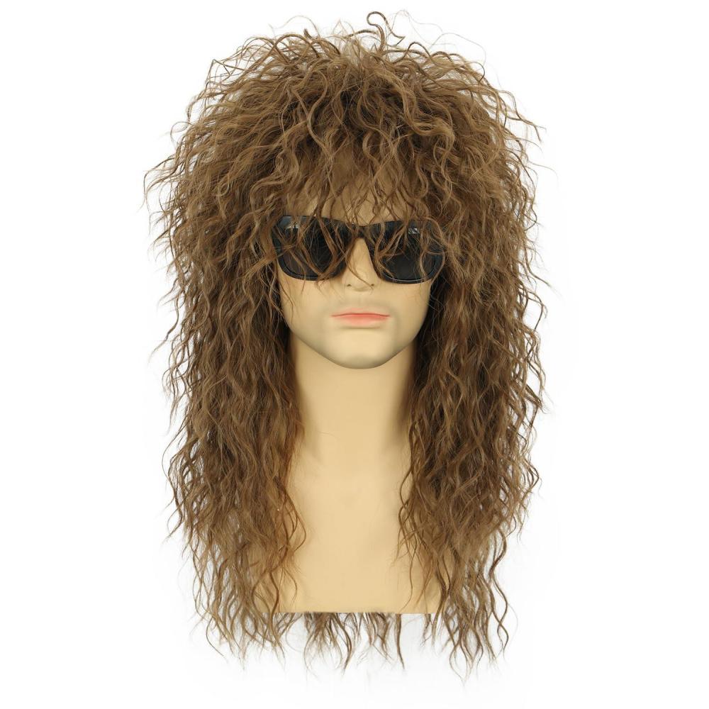imagekarlery 70s 80s Rocker Metal Mullet Wig Mens Long Curly Light Brown Wig for Halloween Costume Anime Party