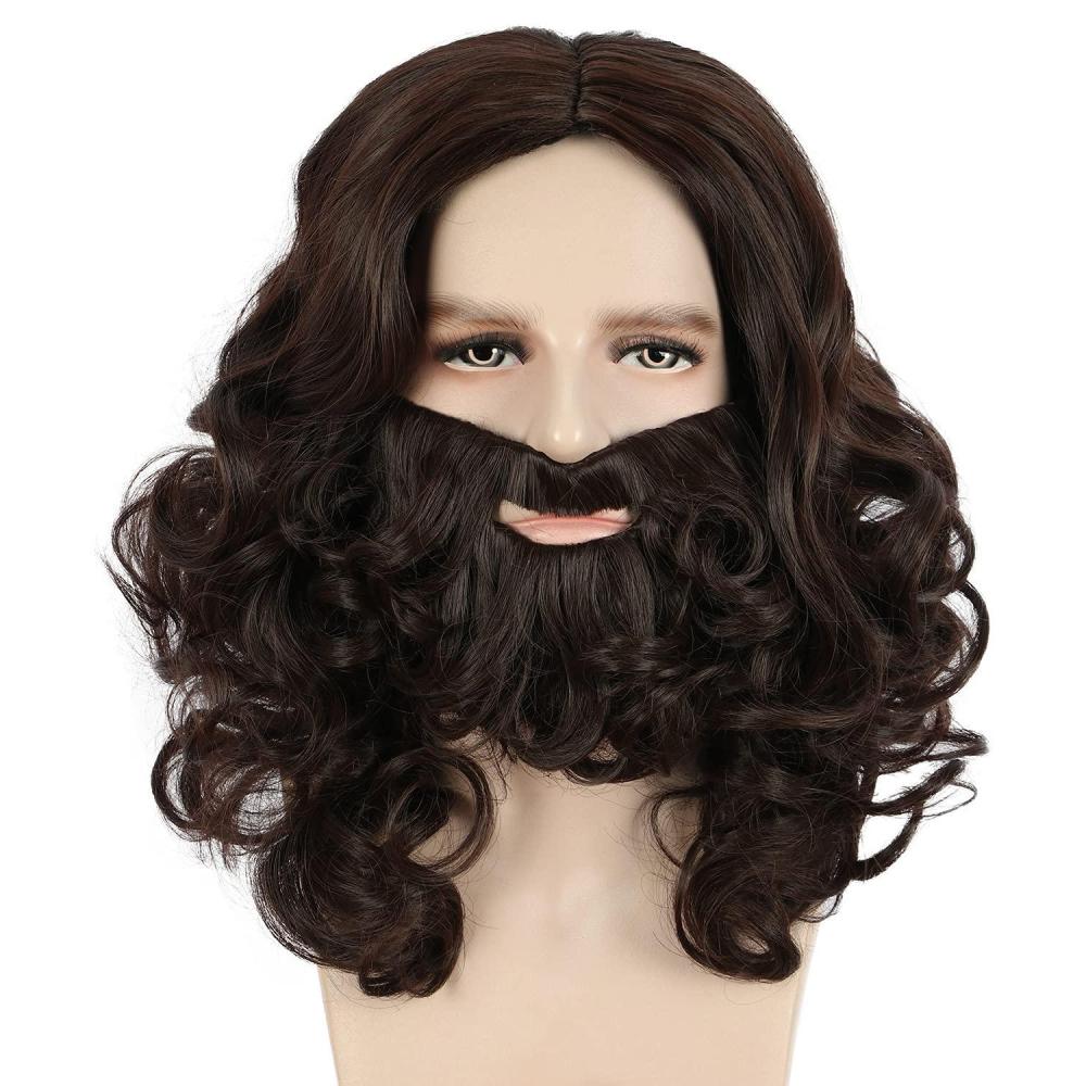imagekarlery Adult Men Long Wave Brown Mustache Beard Wig Halloween Costume Cosplay Party Wig