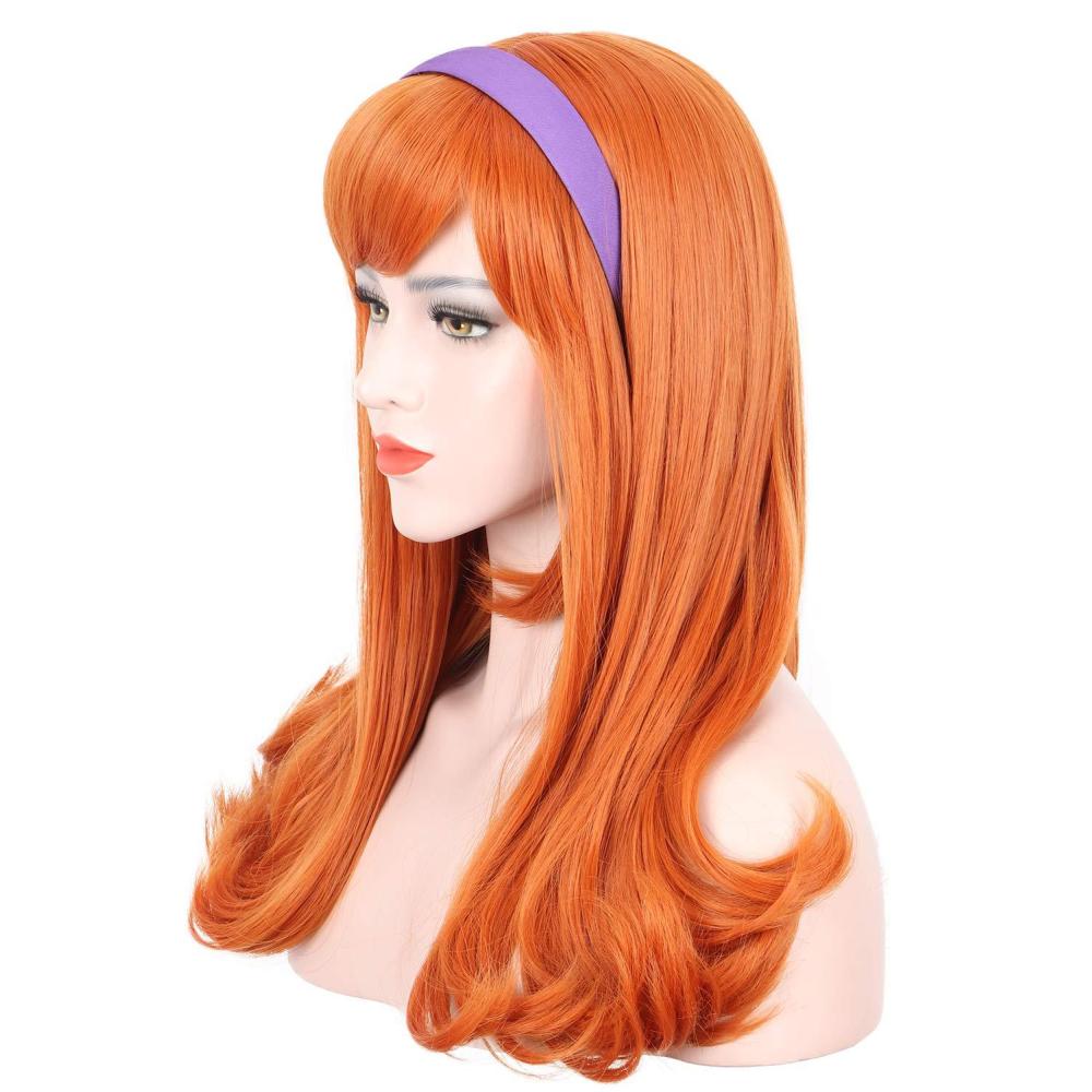 imagekarlery Adult Women Long Curly Orange Bangs Wig Halloween Cosplay Costume Party Wig Free Purple Headband and Wig Cap