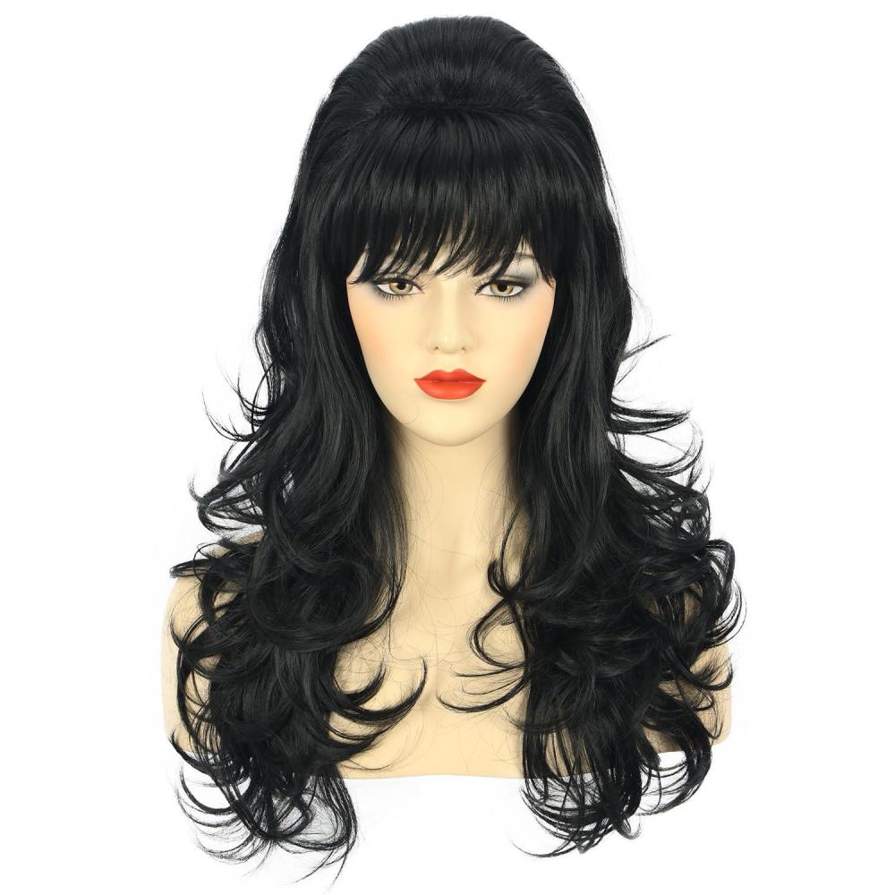 imagekarlery Adult Women Long Wavy Blonde Bouffant Beehive 60s 70s Funny Wig Heat Resistant Synthetic Fiber Natural Cosplay Costume Halloween Themed Party WigBlack