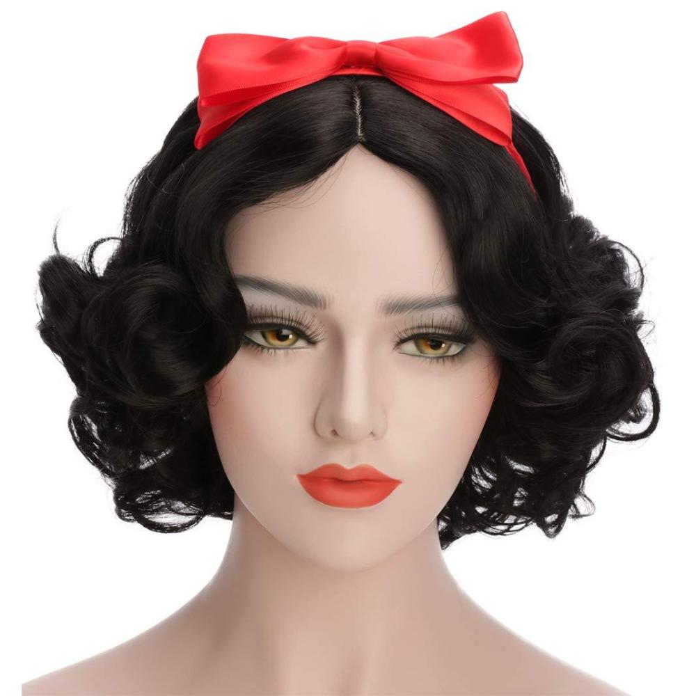 imagekarlery Adult Women Short Bob Wave Black Cosplay Wig with Red Bow Princess Halloween Costume Anime Party WigAdult