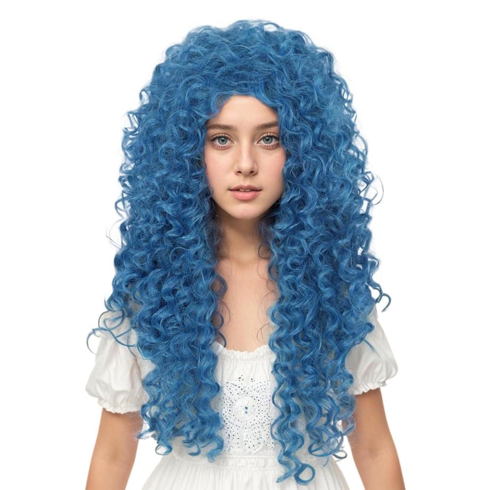 imagekarlery Girls Long Blue Curly Wig Halloween Cosplay Party Costume Wig