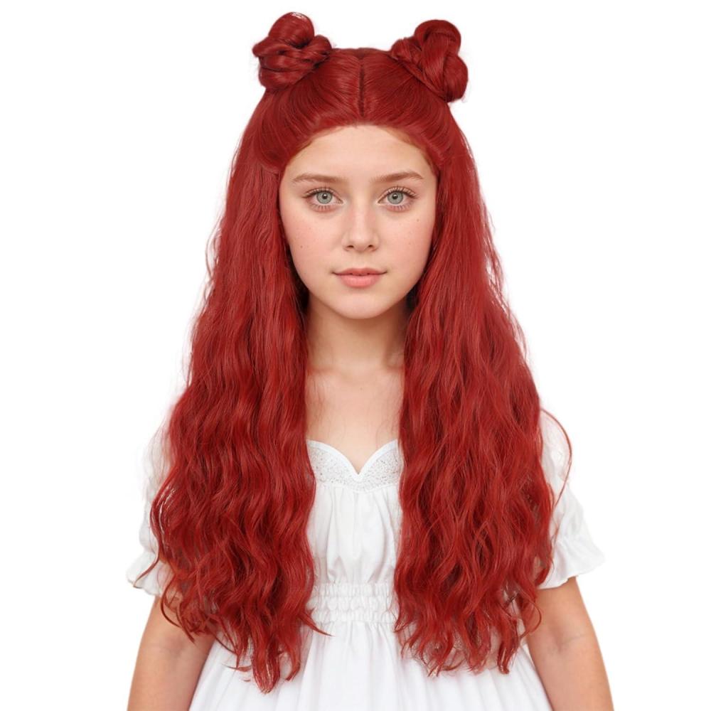 imagekarlery Girls Long Red Curly Wig with Buns Halloween Cosplay Party Costume Wig